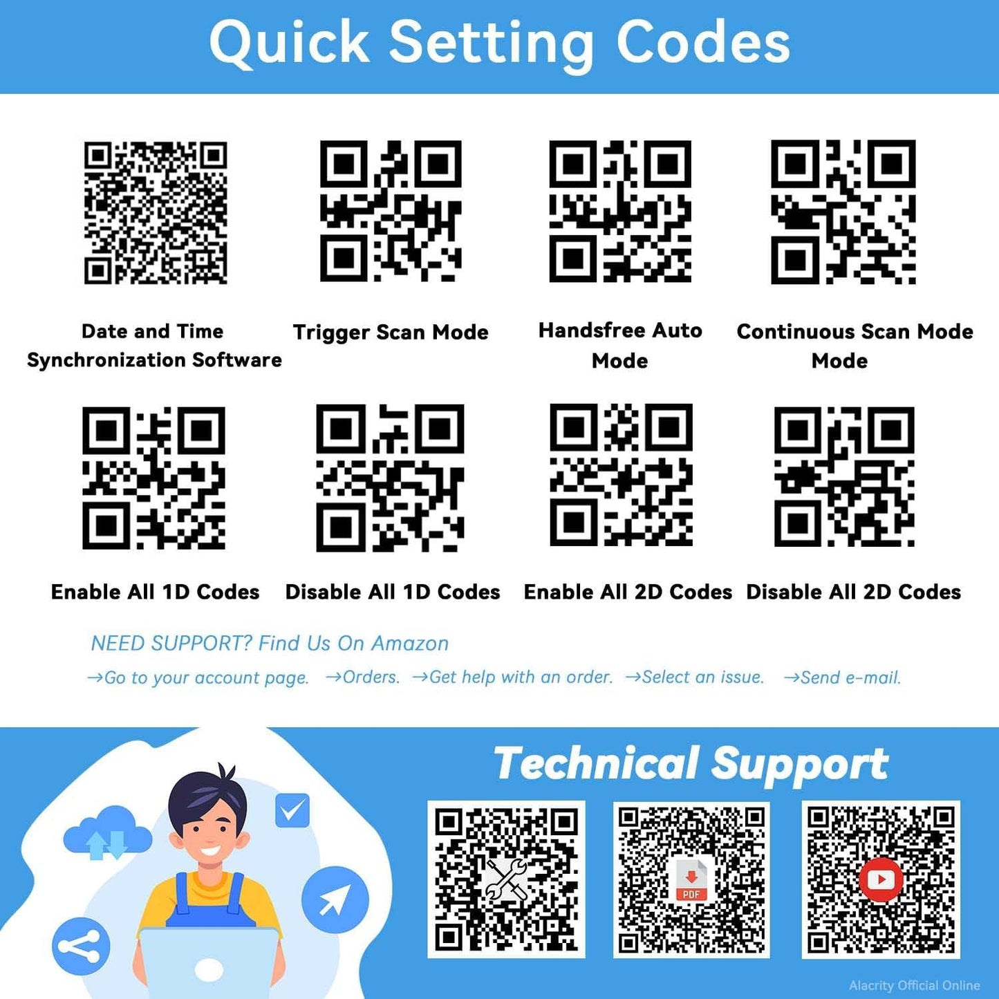 Alacrity Upgraded 2D Industrial Barcode Scanner with Wireless Charging Stand, 1968 Feet Transmission Distance 433Mhz Wireless & Bluetooth 2in1 Barcode Reader, Shock Dust Proof Hands Free, Red