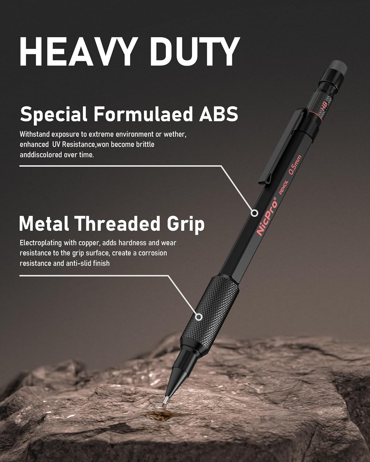 Nicpro 0.5 mm Mechanical Pencil Set with Case, 3PCS MP2000 Metal Artist Mechanical Pencil With 6 Tube HB Lead Refills, Eraser, Weatherproof Barrel for Outdoor Writing Drafting Drawing Sketching