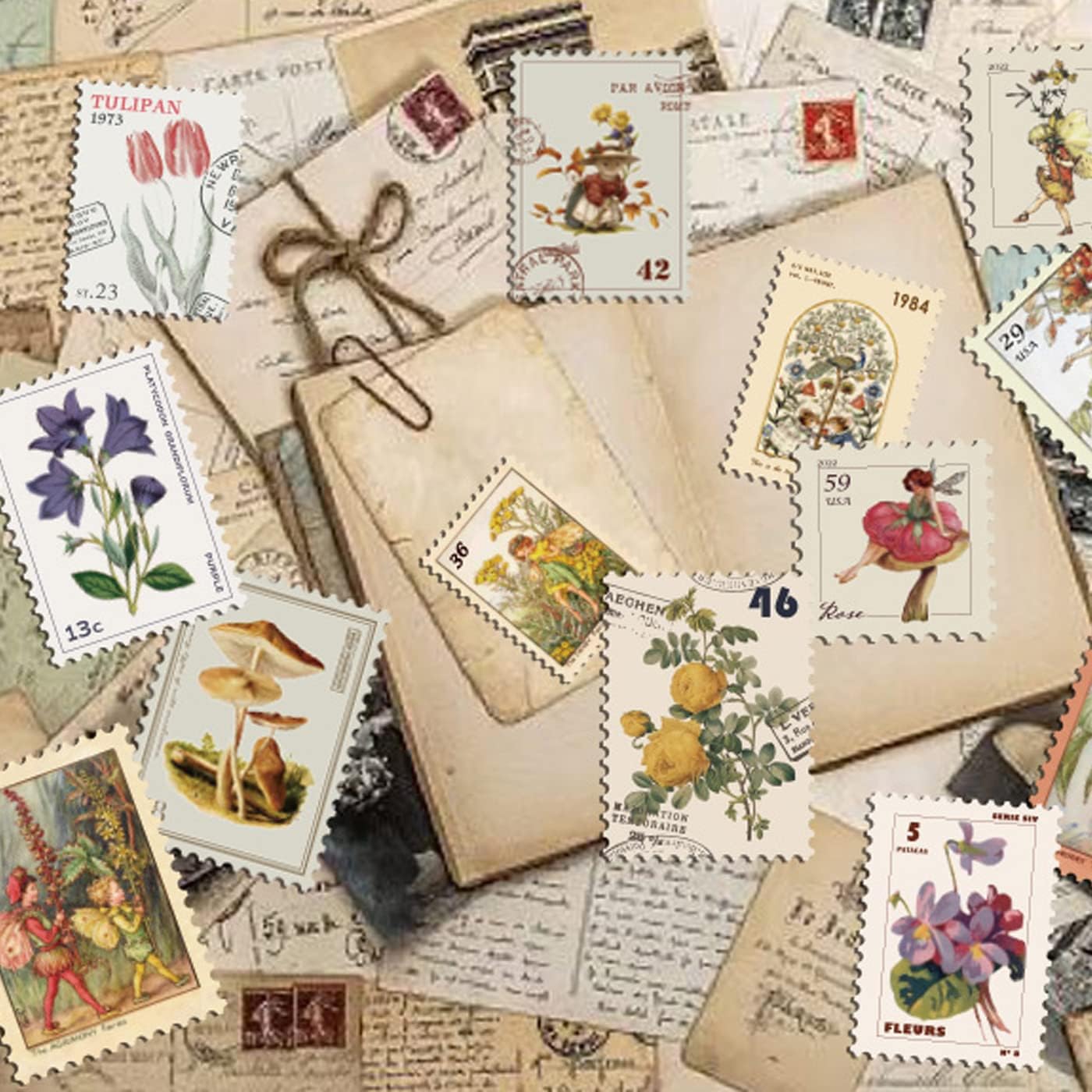 Vintage Postage Stamp Stickers for Scrapbook, 100 Pcs Deco Paper Stickers for Bullet Journal,Botanical Fairy Sticker for Junk Journal, DIY Crafts,Collage Album (Stamp-Like)