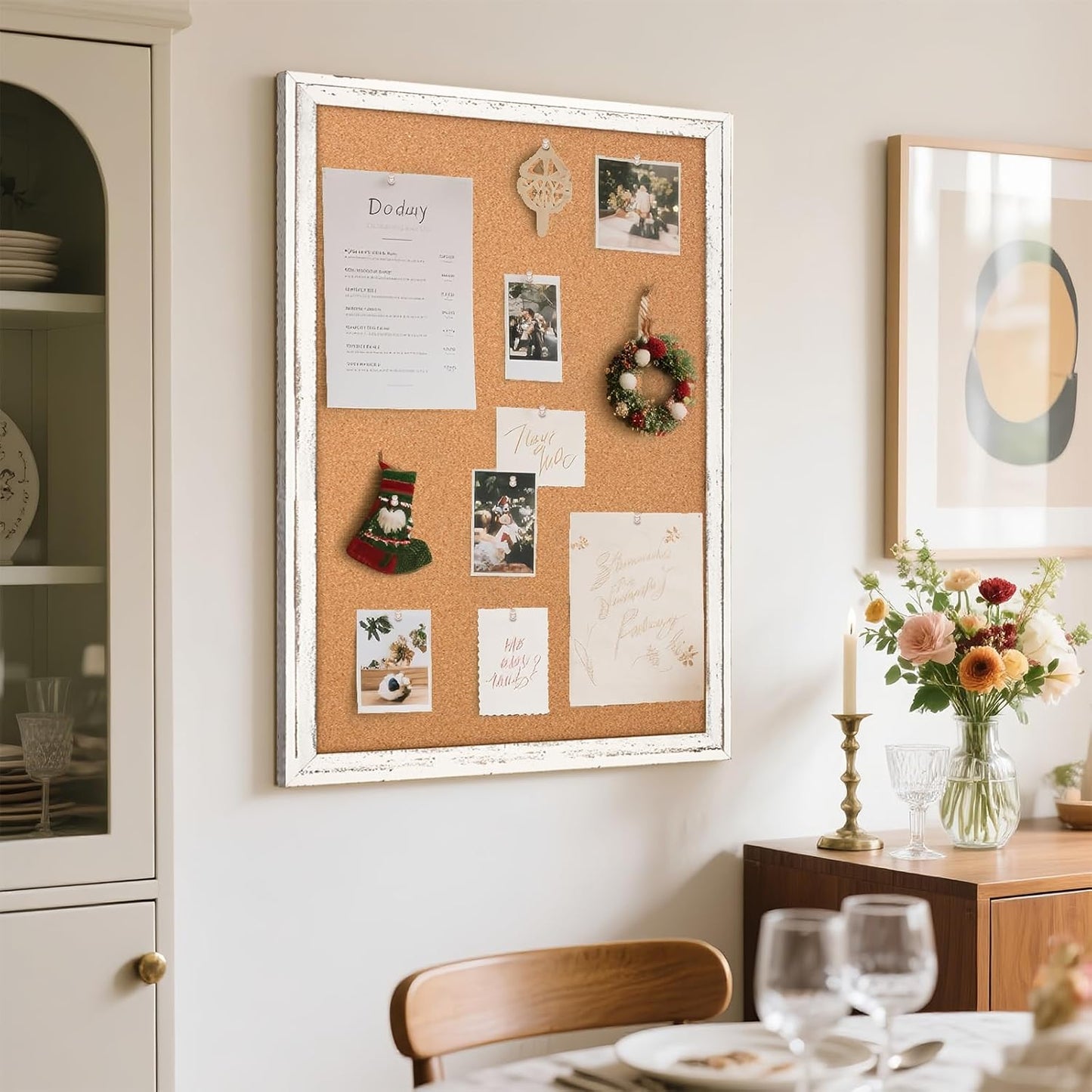 Bulletin Board, 36" x 24", Cork Board for Wall, Rustic White Wooden Frame, Hanging Pin Board for Home & Office Decor, 10 Push Pins