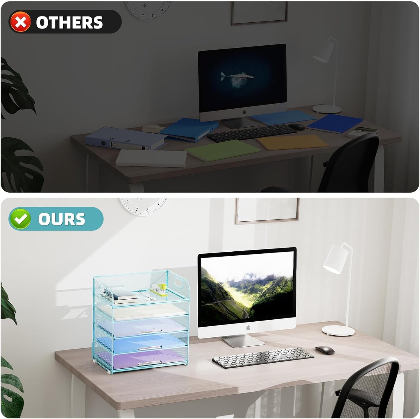 Marbrasse Paper Organizer Letter Tray, 5 Tier Mesh File Organizer with Handle, Paper Sorter Desk Organizer for Home Office Supplies - Blue