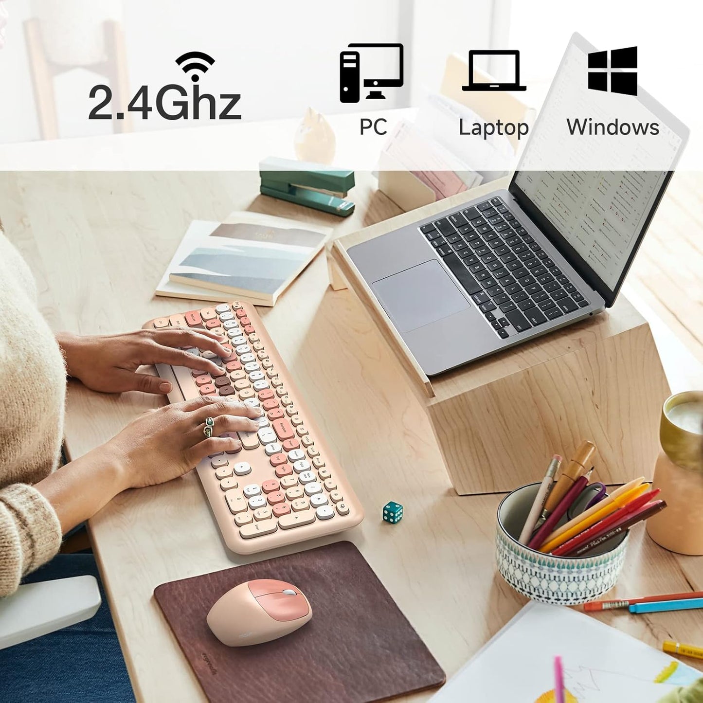 MOFII Wireless Keyboard Mouse Combo, Colorful Compact Full Size Wireless Keyboard and Mouse Set 2.4G Ultra-Thin Sleek Design for Windows, Computer, Desktop, PC, Notebook- Milk Tea Colorful