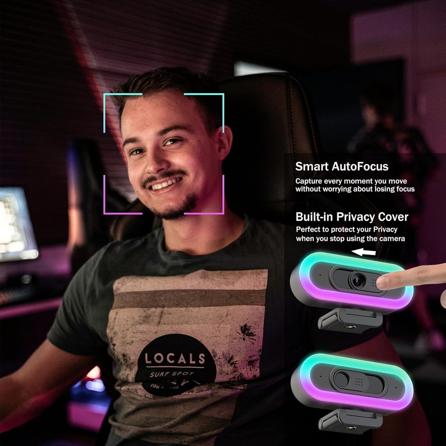 2K Webcam for PC, Plug and Play USB C Webcam with Dual Microphones,Ring Light,Fill RGB Light & Cover,Autofocus,65°FOV,1080P@60FPS, PC Web Camera for Desktop Computer Laptop Mac Zoom Streaming