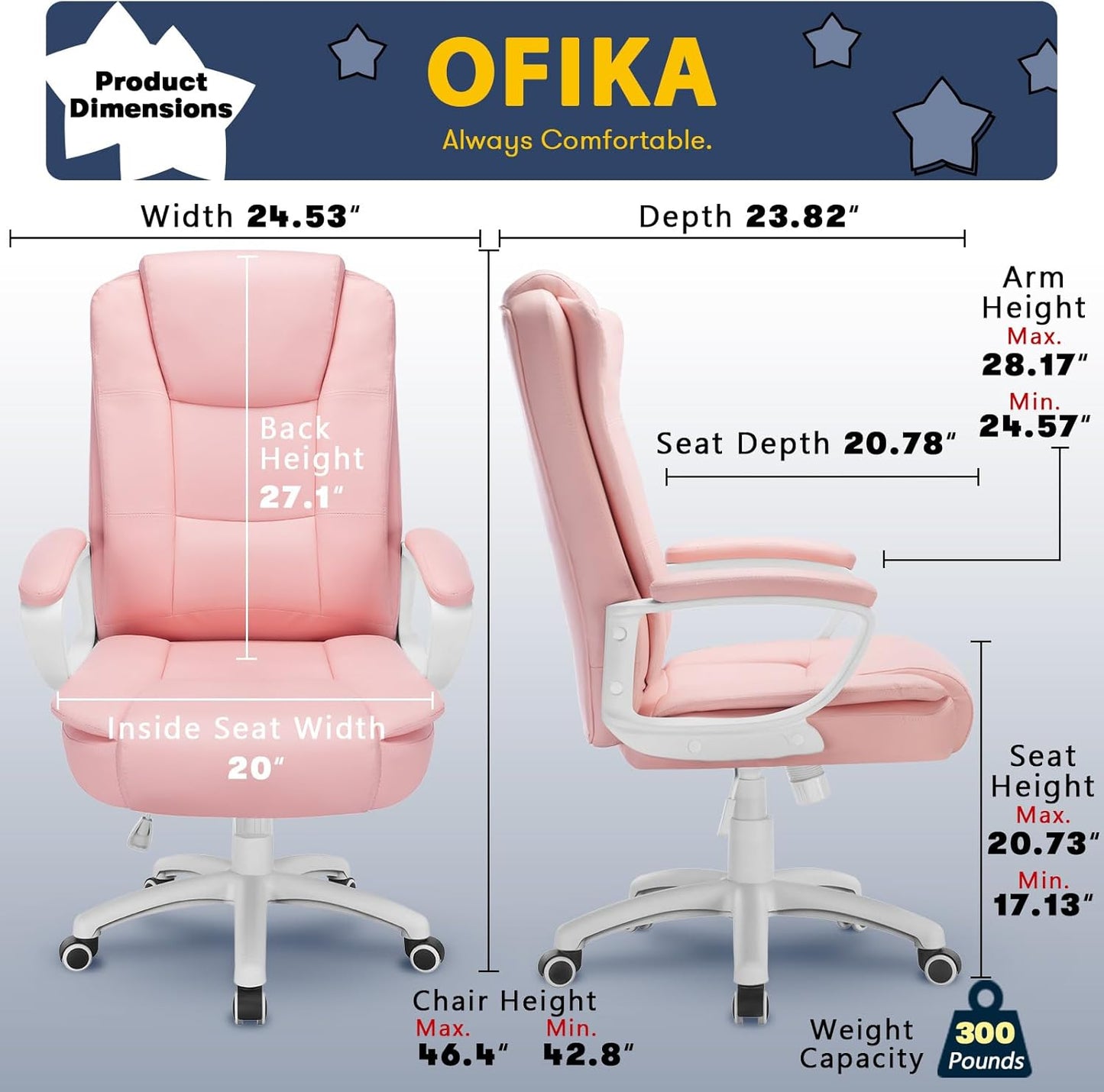 OFIKA Home Office Chair, Ergonomic Desk Chair, Adjustable Task Chair for Lumbar Back Support, Computer Chair with Rolling Swivel and Armrest, Modern Executive High Back Leather Chairs (Pink)