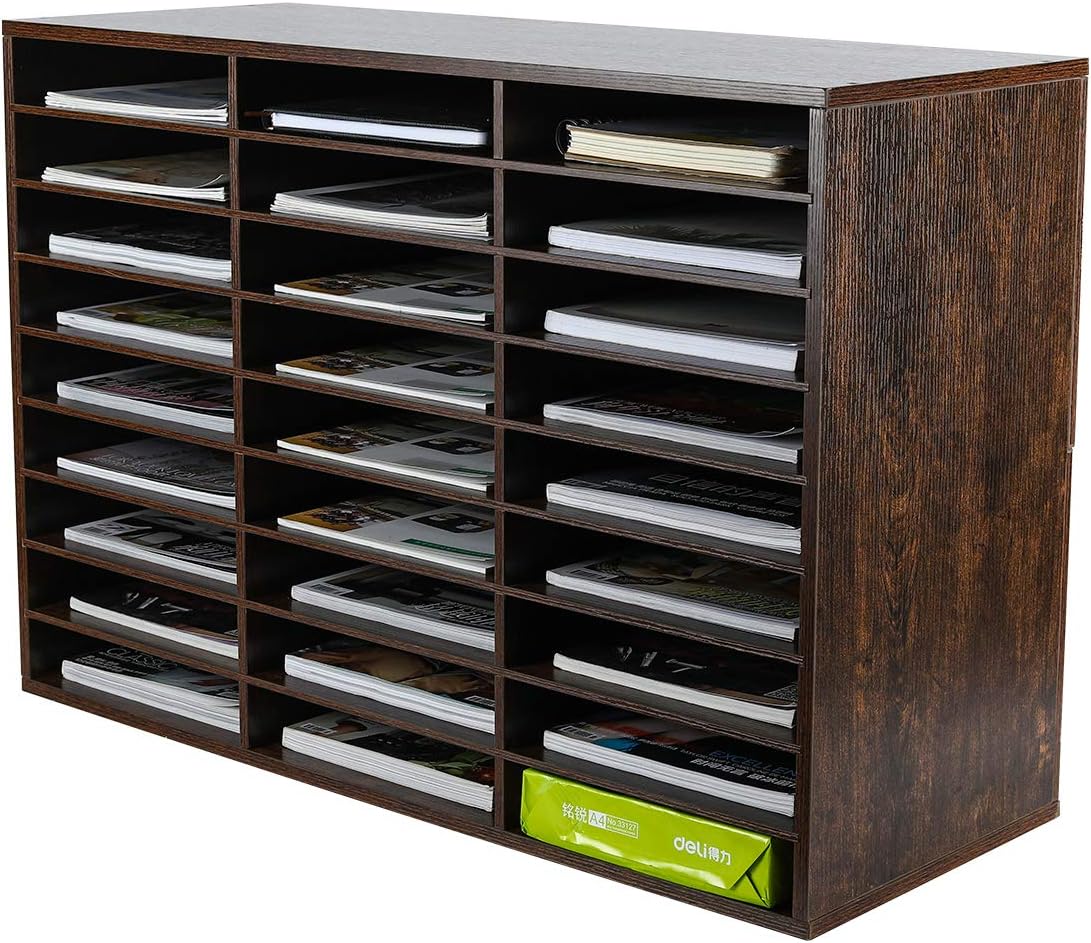 PAG Mail Sorter Organizer, Wood Literature Organizer, Student Mailbox for Classroom, Desktop Bill Paper Organizer for Office Home School, 27 Compartments, Brown