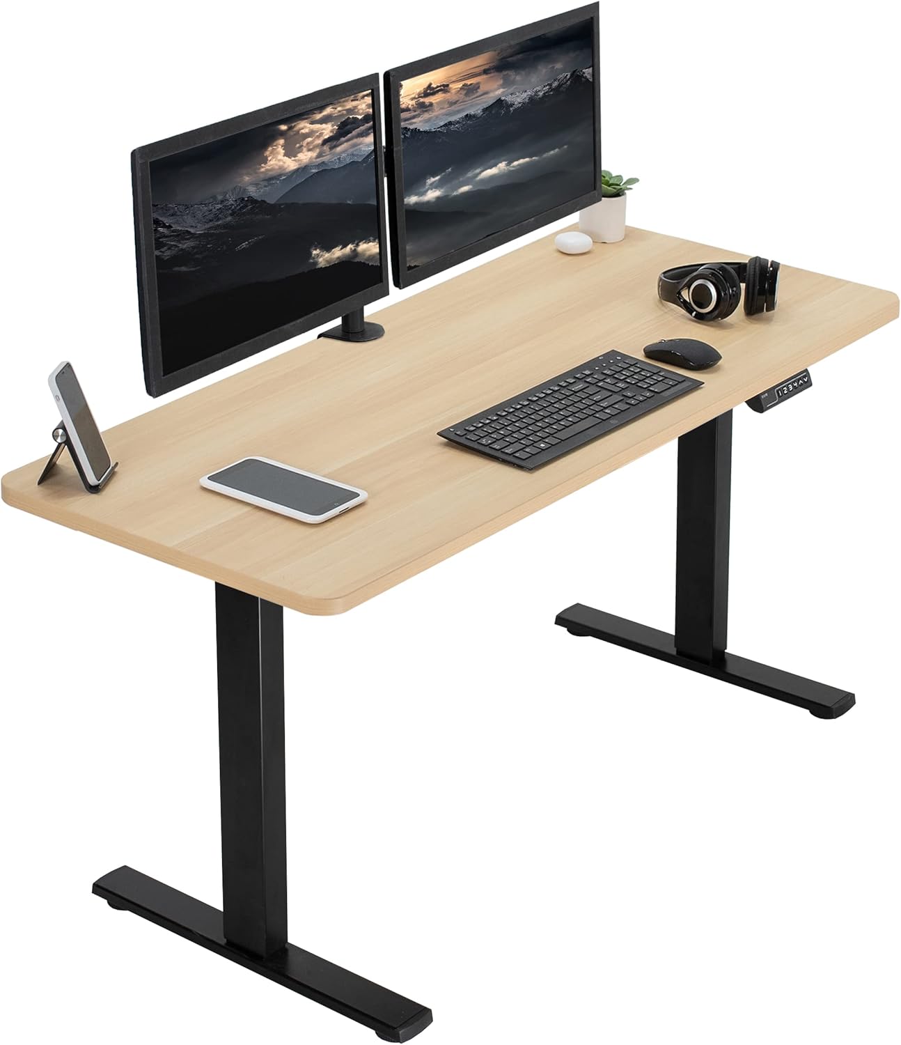 VIVO Electric 60 x 24 in Standing Desk, Memory Height Adjustment, 1B Series, One-Piece Light Wood Top, Black Frame, DESK-KIT-1B6C