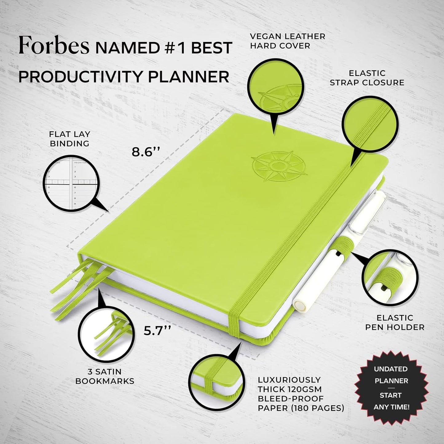 Smart Planner Pro – Undated Daily Planner – Small A5 – Achieve Goals & Increase Productivity – Weekly, Monthly, Work Sections, Organizer Diary with Back Pocket, 3 Satin Bookmarks & Pen Holder