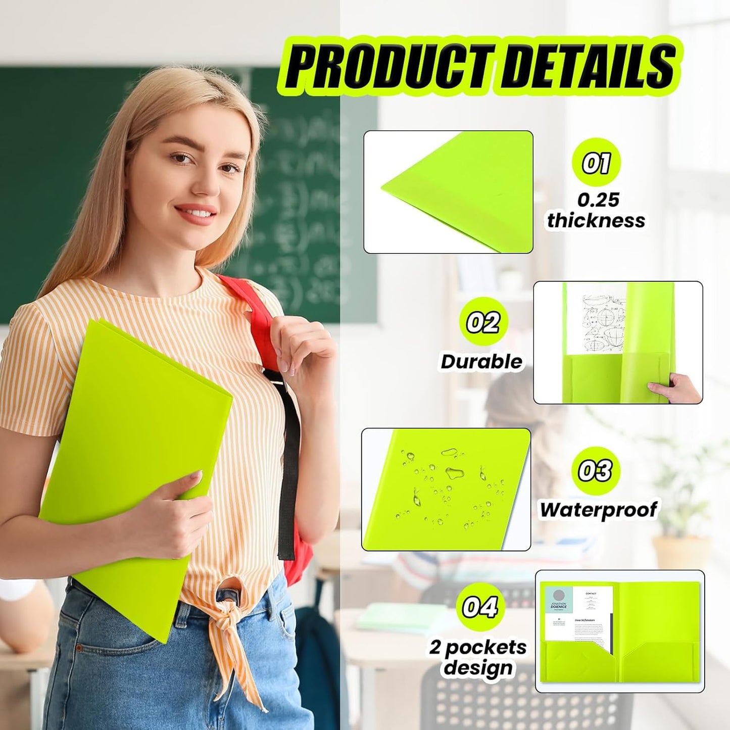 Gueevin 100 Pcs Two Pocket Folders Bulk Plastic File Folder with 2 Pockets Letter Size Paper Heavy Duty Durable Portfolios Case for Home Office School Business 11.61 x 9.45 Inch (Lime Green)