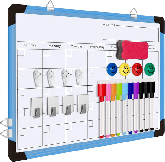 Dry Erase Calendar Whiteboard, Magnetic White Board Calendar Dry Erase Board, 16" X 12" Monthly Calendar Board Small Wall Hanging Planner Memo Whiteboard for Home, School, Office, Kitchen (Blue)