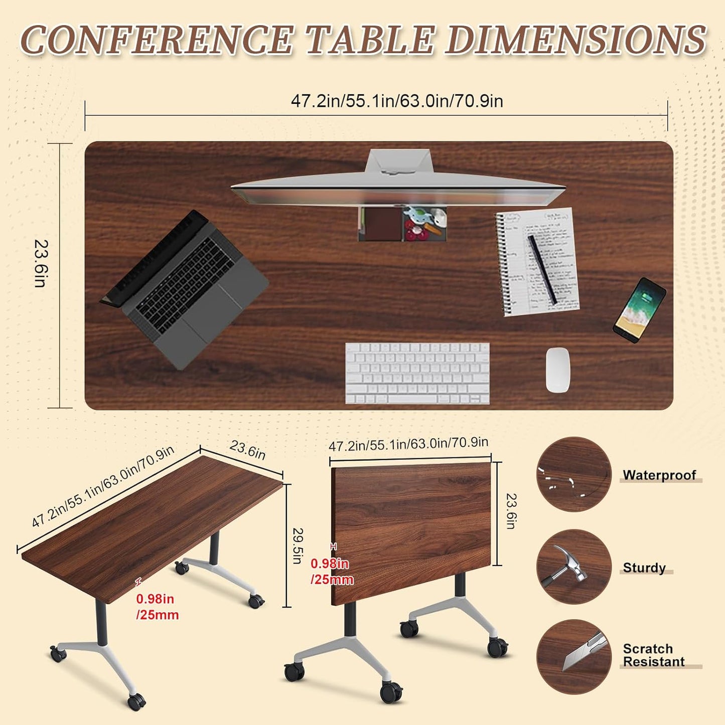 Folding Conference Room Table, Modern Conference Tables with Wheels, Large Rectangular Mobile Training Tables for Office Classroom, Foldable Modular Boardroom Seminar Table (2pack L47.2in)