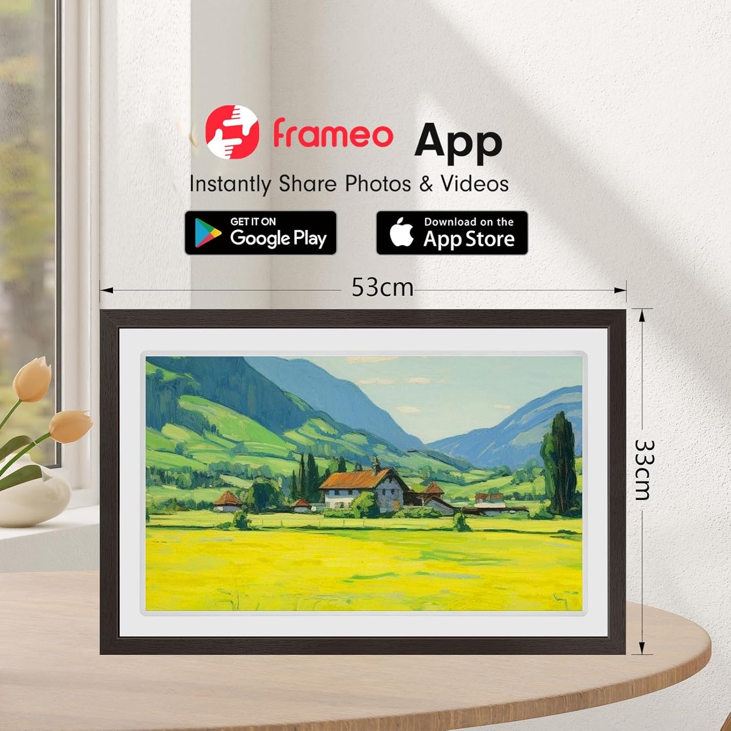 Touch Screen FRAMEO Digital Picture Frame 32GB Storage WiFi Smart 21.5 inch Photo Frame, FHD IPS Auto-Rotate, Attach Wall mounting Bracket Share Photos or Videos Instantly via Frameo APP