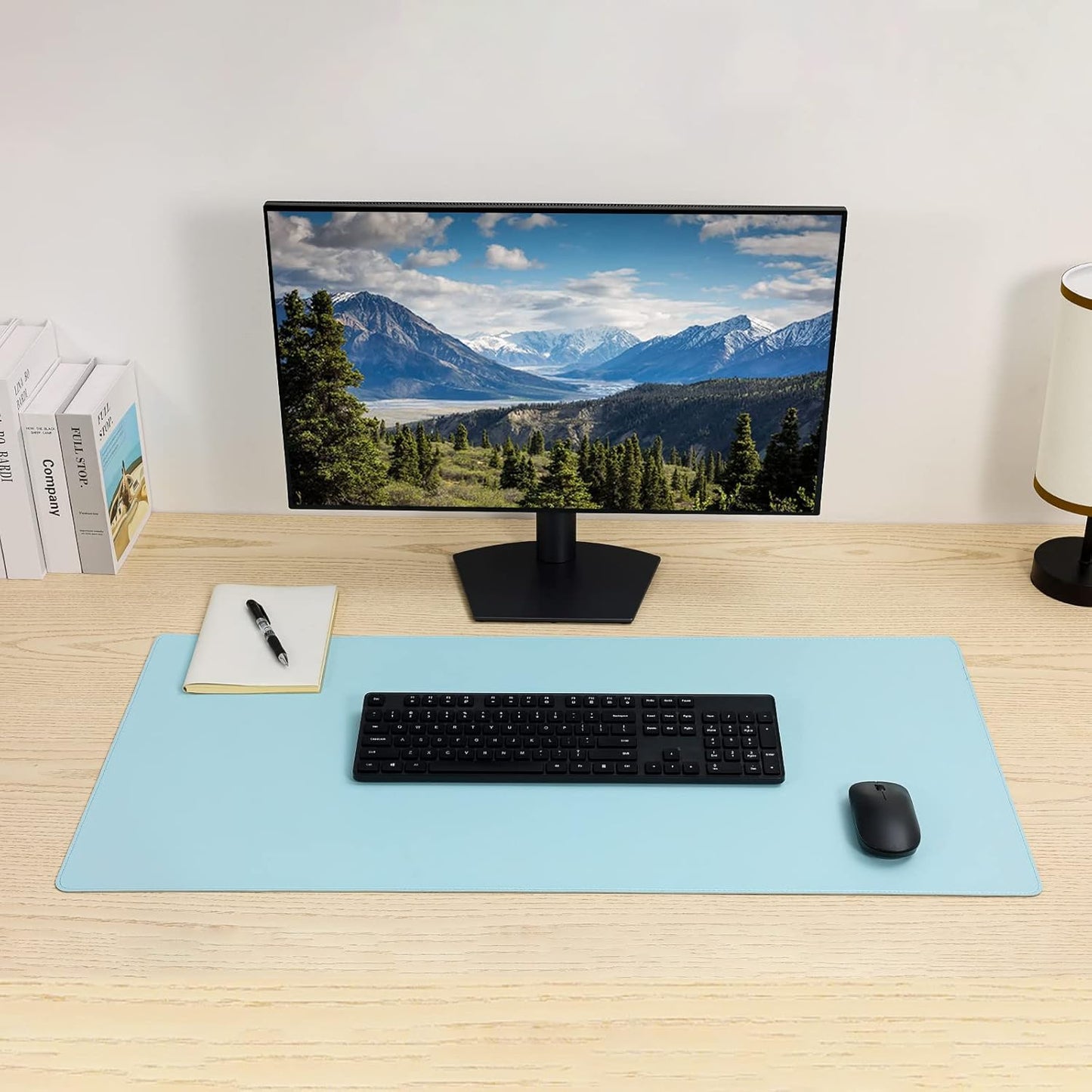 Faux Leather Desk Pad Blotter,Waterproof Non-Slip Writing Desk Mat for Kids,36x17 in Desktop Protector Large Mouse Pad,Light Blue Office Home Table Cover