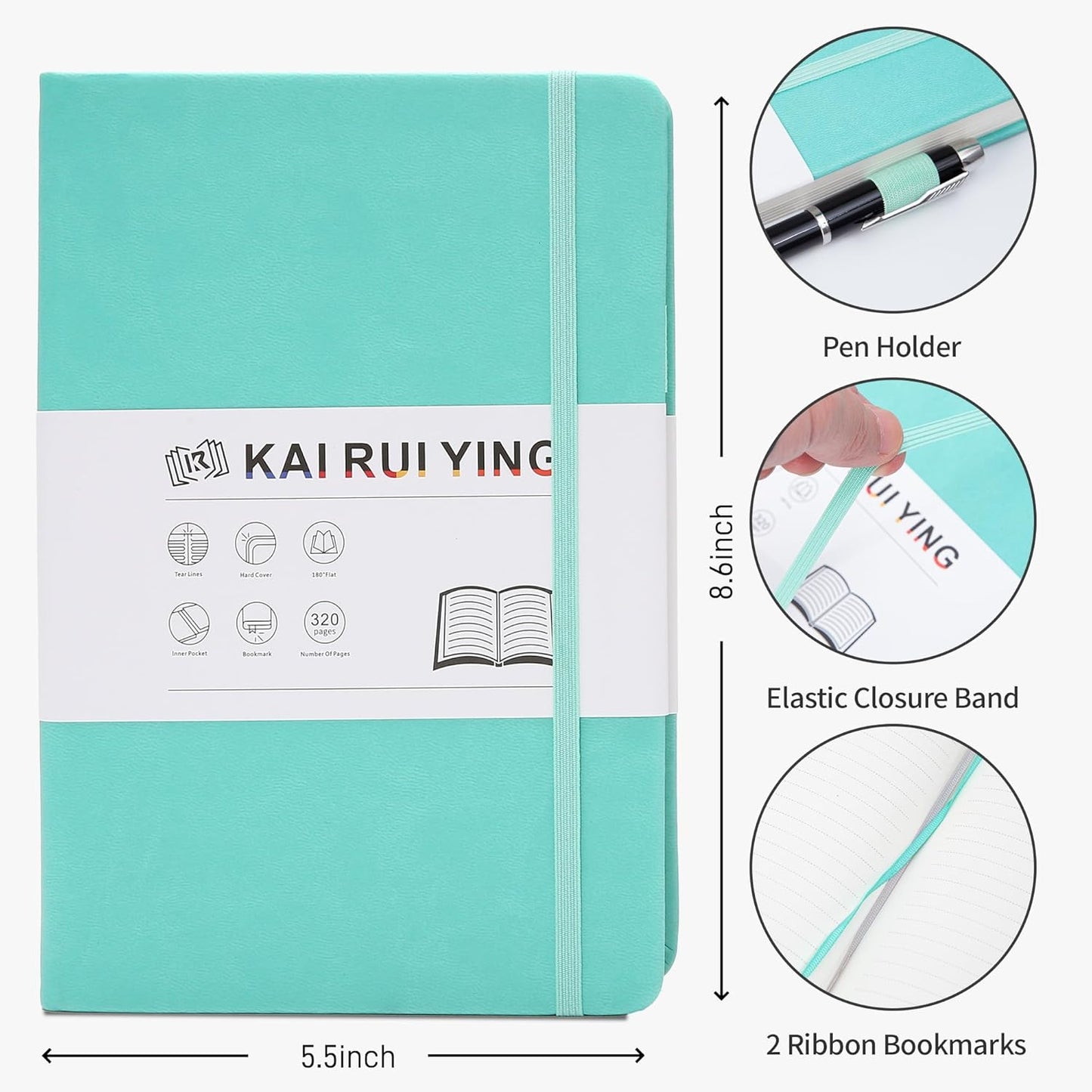 KaKaiRuiYing Lined Journal Notebook with Pen Holder, 320 Pages, 5.5'' × 8.6'' Medium Size A5-100 GSM Thick Paper, for Writing, Work, Office, Leather Hardcover