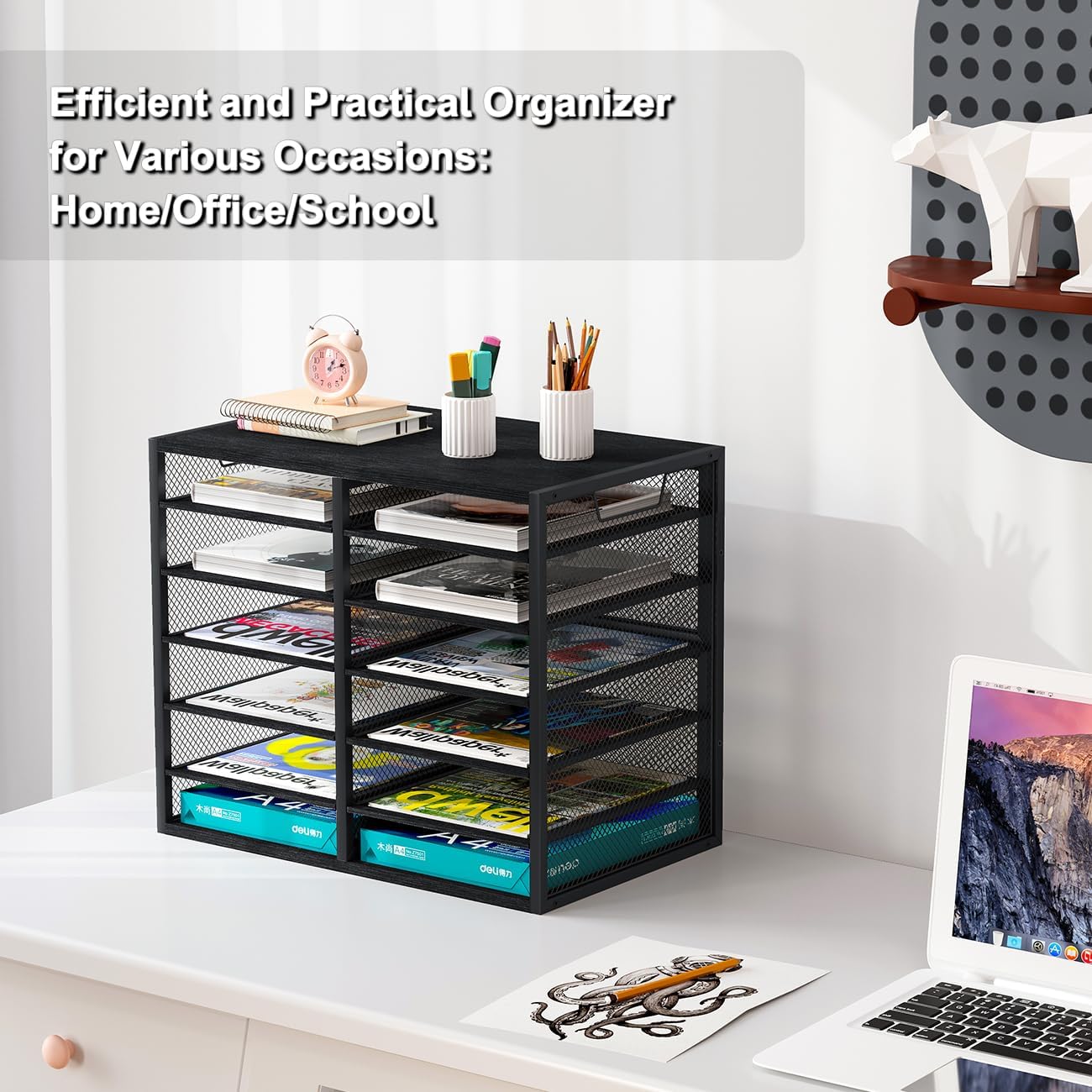 PAG Mass Mail Holder, Adjustable Countertop Literature Organizer, Student Mailbox, Desktop Bill Paper Organizer, 12 Compartments, Black