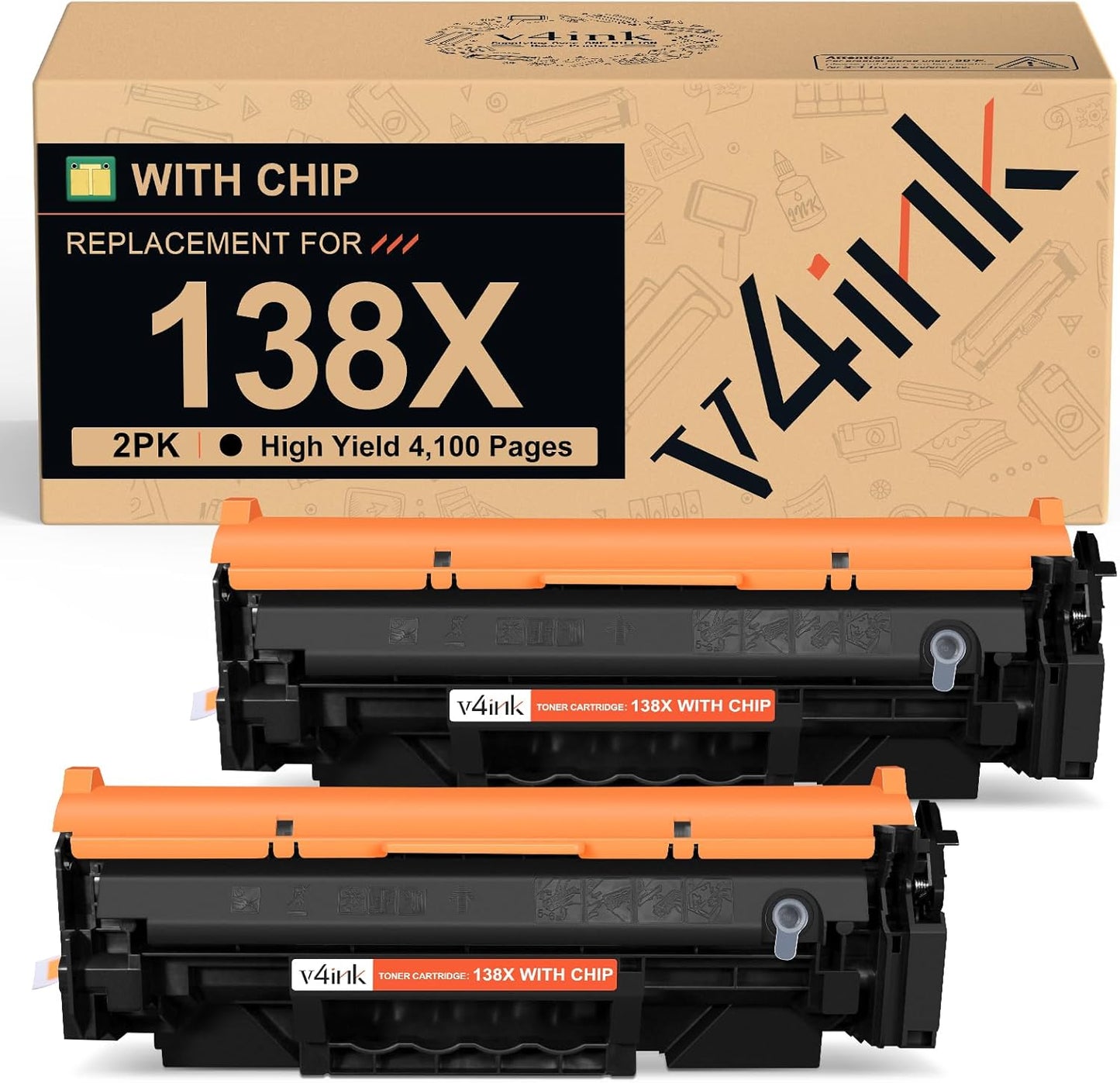 v4ink 138X 138A Toner Cartridge (with CHIP) Replacement for HP 138X 138A W1380A W1380X Black High-Yield Toner Cartridge Work with Laserjet Pro 3001dw MFP 3101fdw 3101sdw Printer, 2 Pack