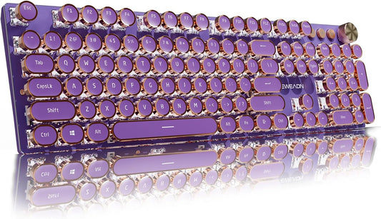 EWEADN V20 Typewriter Keyboard Wireless, 104 Keys Typewriter Style Mechanical with White Backlit, Media Knob, Pink Switch 2.4G/Bluetooth/USB-C Wired Retro Full Size Keyboard for Windows/Mac/PC-Purple
