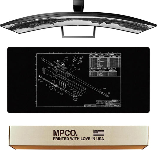 MPCO. Blueprints Large Gaming Desk Pad - 36" x 17" Duraglyde Fabric Browning 50 Cal – Black Desk Mats - Non-Slip, Washable, Smooth Glide for Precision Gaming & Work