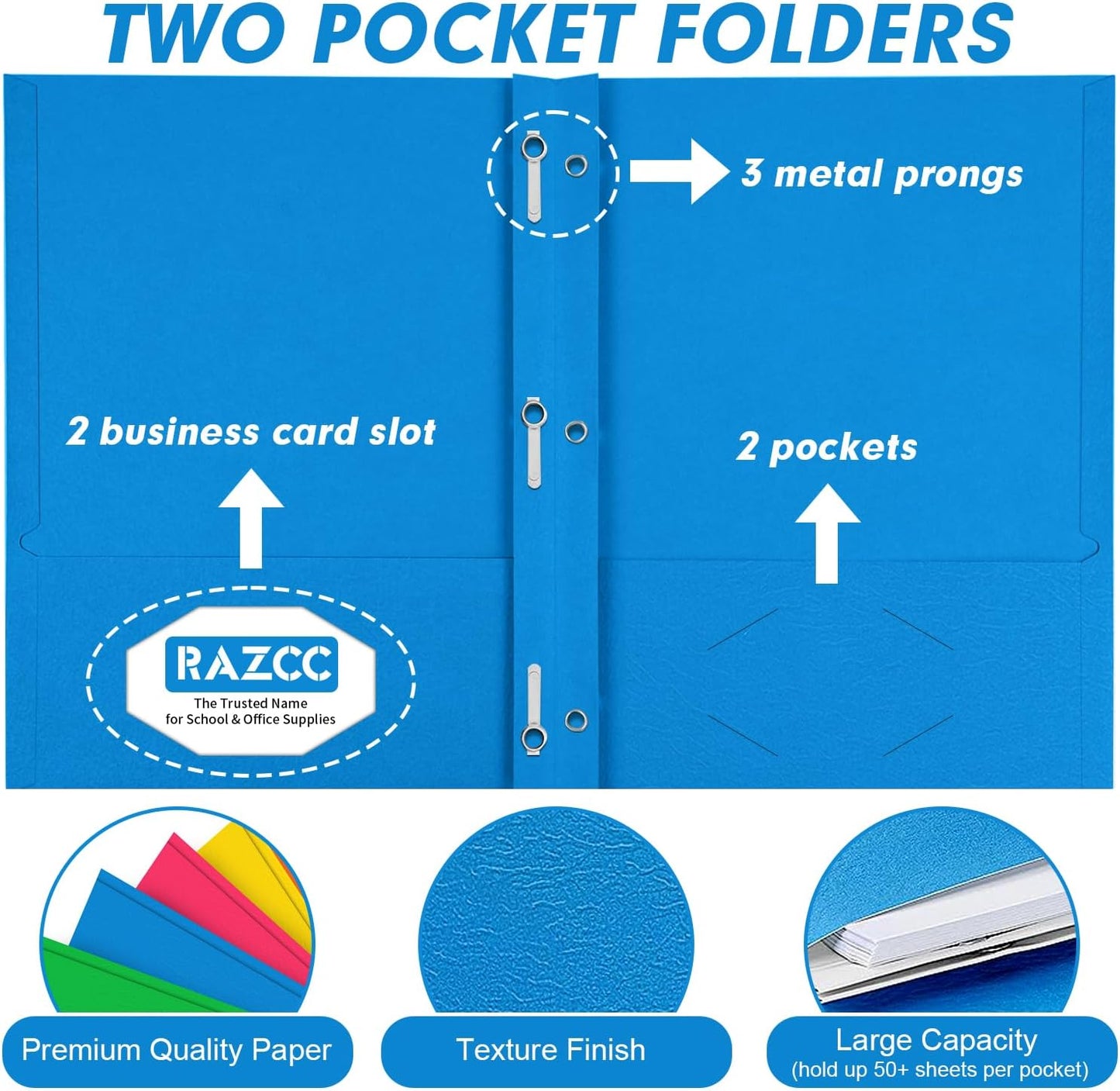 Two Pocket Folders, RAZCC 75 Pack Two Pocket Folders with Prongs, 3 Prong Folders Fit Letter Size Paper, Pocket Paper File Folders for School Office Home Business, Assorted 5 Colors