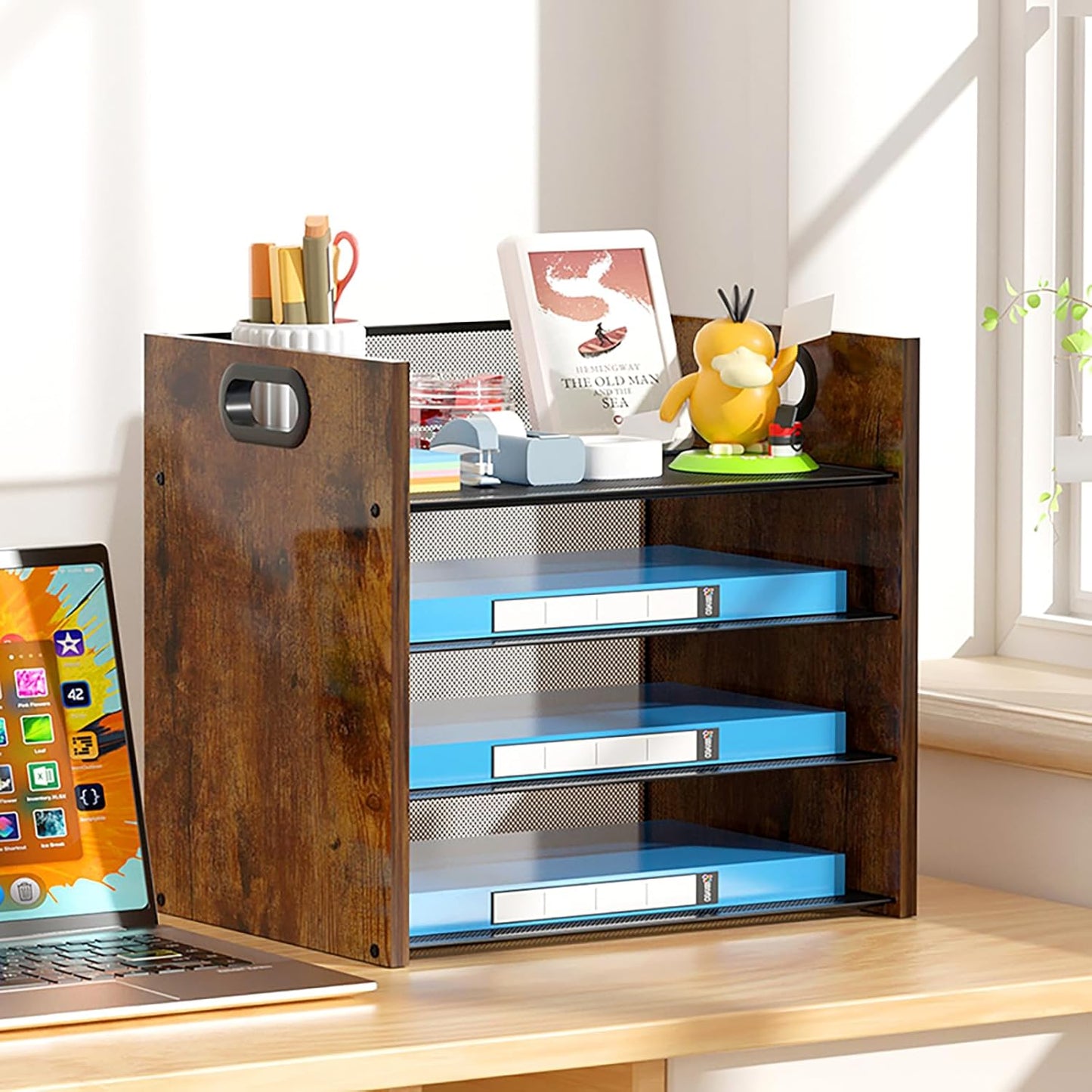 Wood Desk Organizer - 4-Tier Desktop File Organizer, Wooden Paper Organizer, Office Desk Organizer for Papers, Mail, Notebooks, Stationery