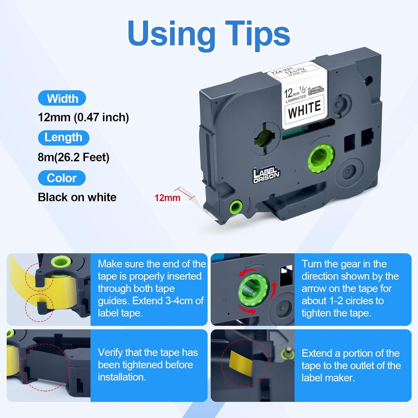 Label Orison 4PK Compatible with Brother P Touch Label Tape TZ Tape TZe-231 TZ231 TZe231 TZo231 1/2 inch Black on White Standard Laminated 12mm 0.47 Tapes