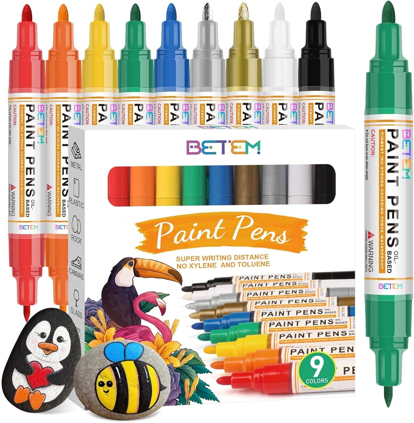 Betem 9 Colors Dual Tip Oil Based Paint Markers Acrylic Paint Pens(0.7mm & 3mm),Permanent,Waterproof,Quick Dry,for Rock Painting,Wood,Plastic,Metal,Canvas,Glass,DIY Crafts,Art Supplies