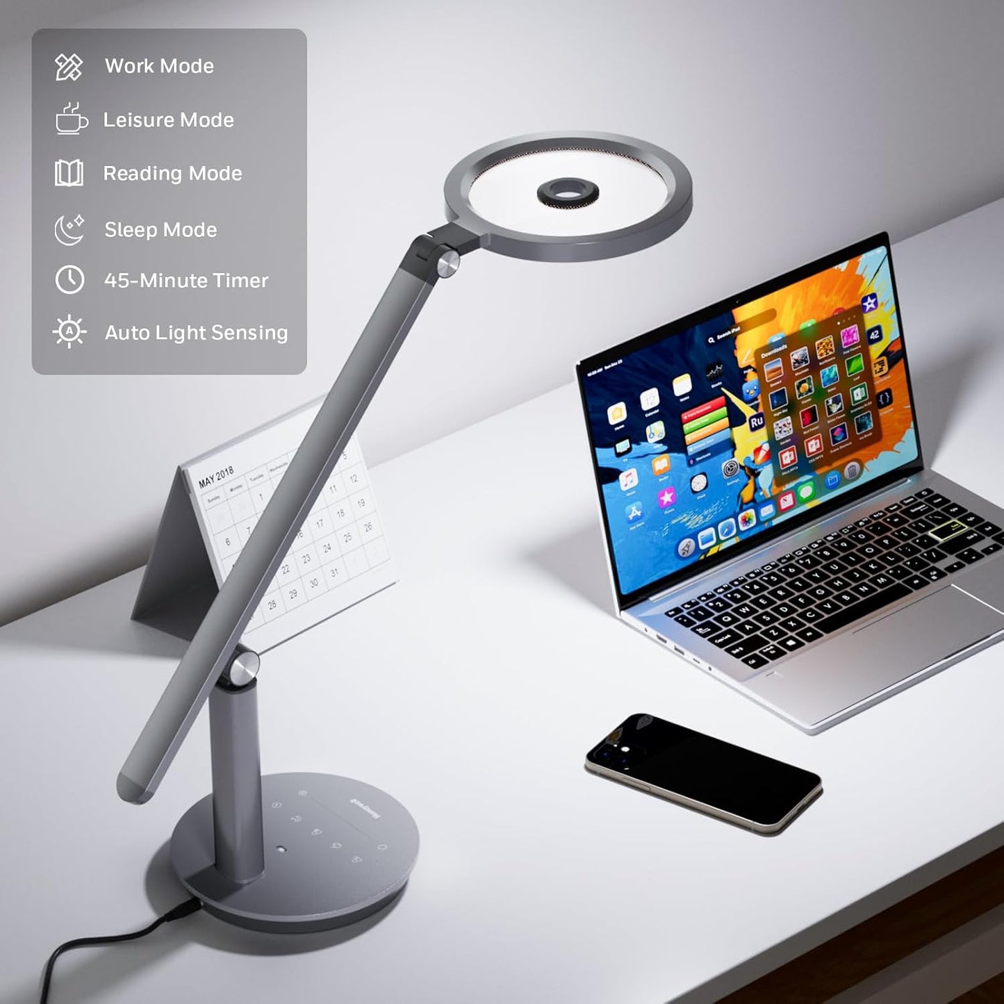 Honeywell Desk Lamp for Home Office, H6 Sunturalux™ Eye-Caring Led Desk Light, 800LM Dimmable Desk Lamp with Timer, Touch Control Tall Desk Reading Light, Table Lamp for Circle Webcam, Study, Bedroom