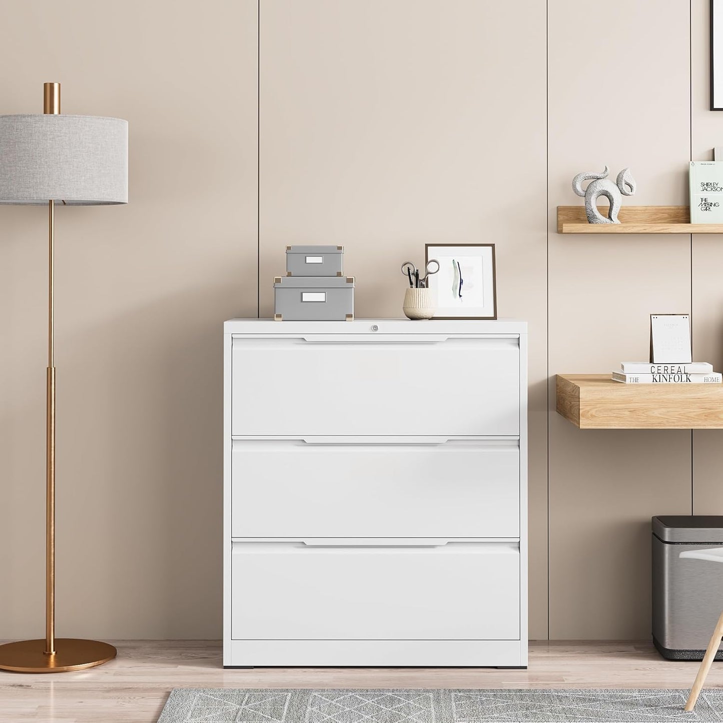 Lateral File Cabinet, 3 Drawer Lateral File Cabinet with Lock, Lockable Metal File Cabinet for Home Office, File Cabinet for Letter/Legal/F4/A4 Size (White, 3 Drawer)