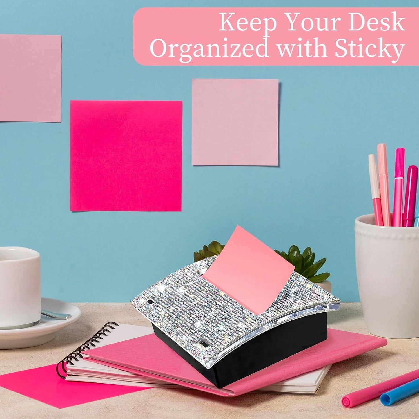 Rhinestone Self Sticky Note Holder Post it Note Dispenser Pop-Up Sticky Notes Dispenser 4 x 4 Inches Post it Dispenser for Desk (AB Bling)