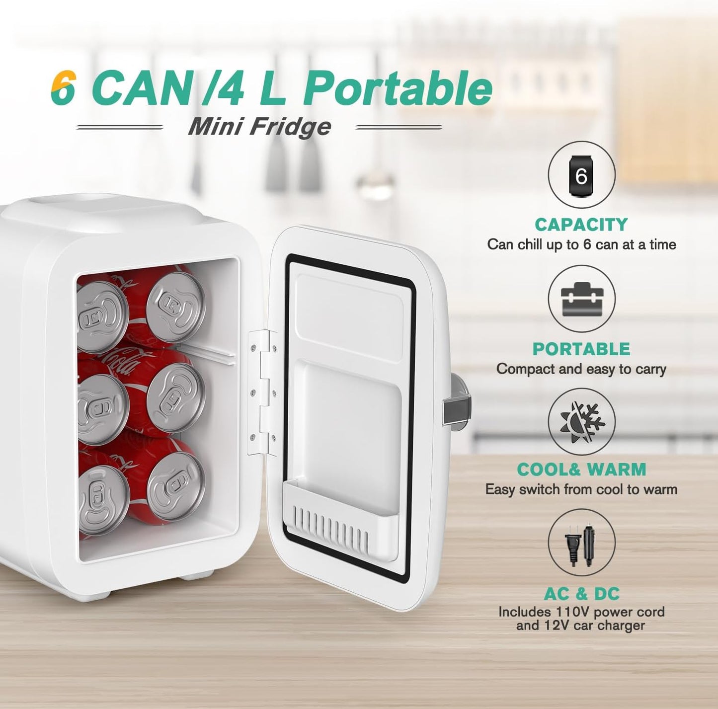 CROWNFUL Mini Fridge, 4 Liter/6 Can Portable Cooler and Warmer Personal Refrigerator for Skin Care, Cosmetics, Beverage, Food,Great for Bedroom, Office, Car, Dorm, ETL Listed (White)