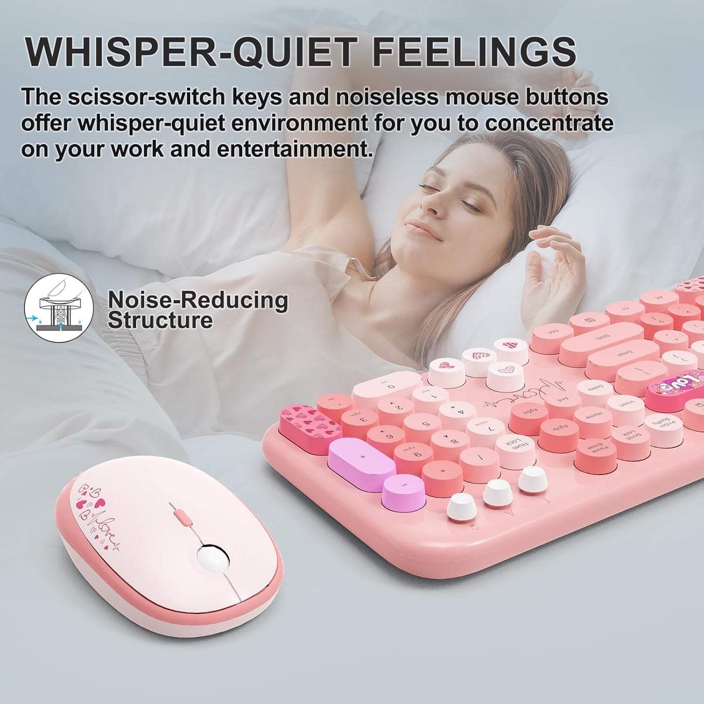 FOPETT Wireless Keyboard and Mouse Combo - 2.4G Full-Sized Cute Colorful Retro Keyboard with Round Keycaps 104 Keys Typewriter Keyboard for Laptop/Windows/PC-Pink Colorful