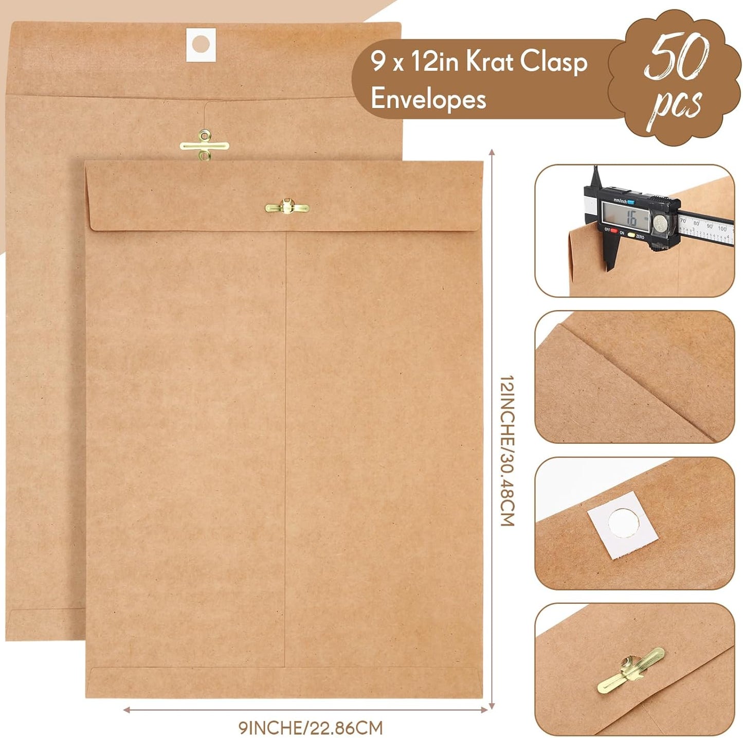Teling 50 Pcs Manilla Envelopes Clasp Kraft Catalog with Closure for Storing Mailing 28 lb Kraft Envelope Paper for Office Document School Business Home(Brown,9 * 12)