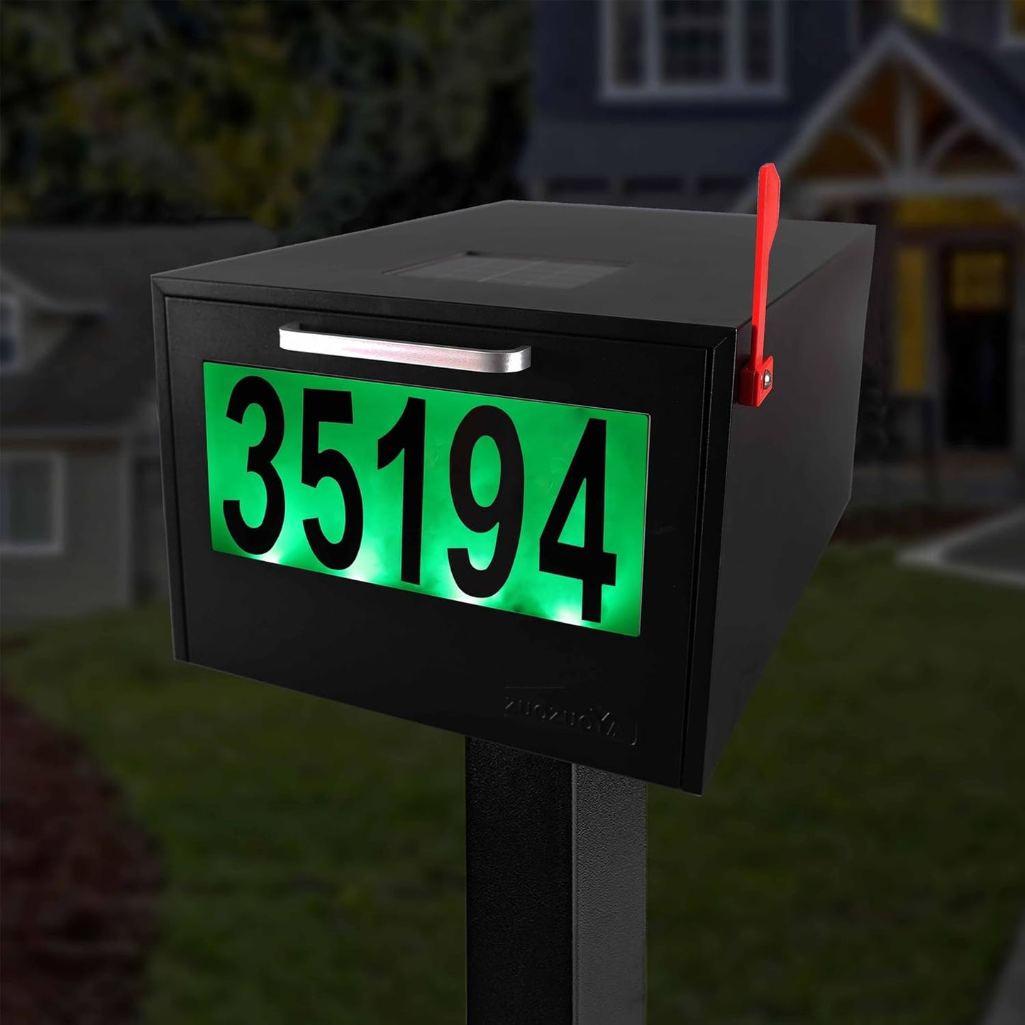 Black Post Mount Mailbox - 2 Lighting Modes Solar Numbers Light Large Capacity Infrared Sensor Illuminated at Night - Iron Numbers Mail Box Outdoor