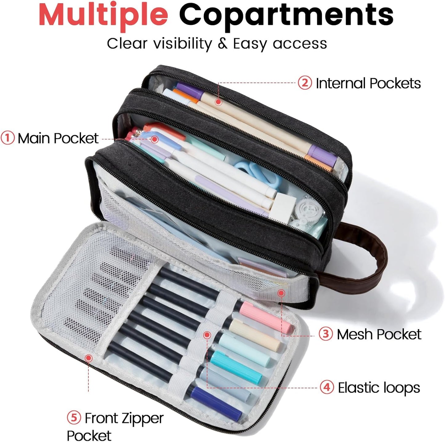 Sooez Large Pencil Case Pouch, Extra Big Pencil Pouch Pencil Bag with PU Handle & Zipper, Sturdy Pen Case with 3 Compartments, Aesthetic School College Supplies Organizer for Men Women Boys, Brown