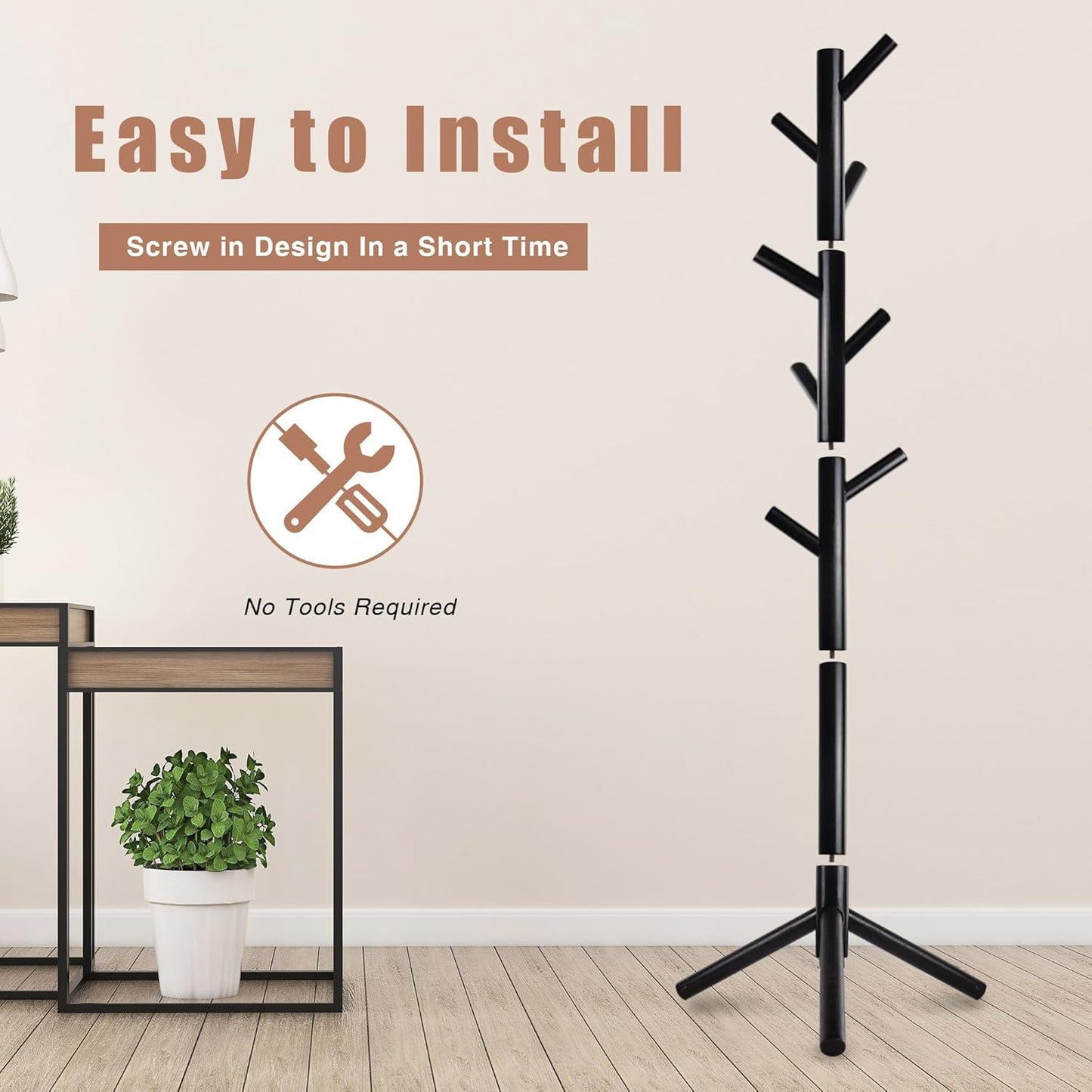Wooden Coat Rack, Free Standing Coat Rack with 8 Hooks 3 Adjustable Heights for Clothes, Hats, Handbags, Coat Tree Easy Assembly for Entryway, Bedroom, Hallway, Office(2PCS)