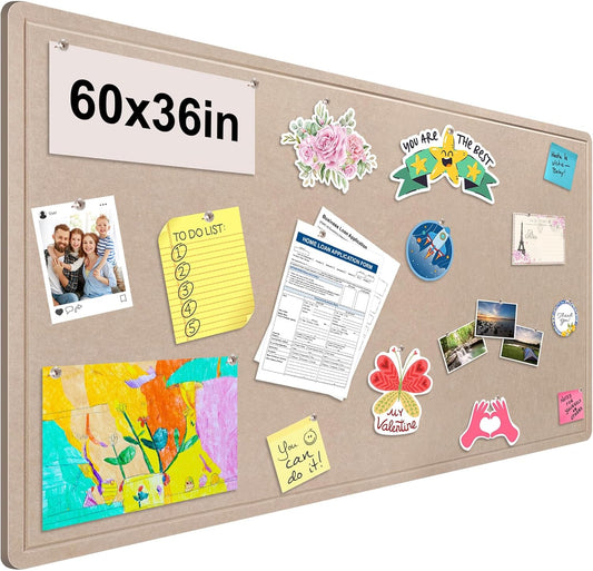 Foldable Large Bulletin Board, 60x36 Inches Cork Board Alternative, Large Felt Board Decorative Pin Board for Wall, Foldable Photo Board Self-Adhesive Vision Board with 36 Pushpins Khaki