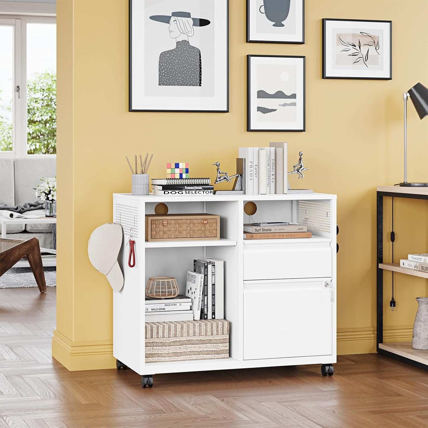 Metal File Cabinet,Lateral Filing Cabinet with Lock for Letter/A4 Size Files,Rolling Printer Stand with Open Storage Shelves for Home Office(White)