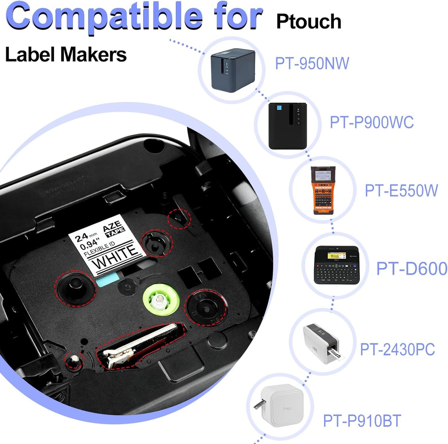 2PK TZe-FX251 1" Compatible for Ptouch Flexible ID Laminated Tape TZ-FX251 24mm 0.94 White Cable Wire Labels Tape for PT-D600 PT-D610BT PT-P710BT P700 Label Maker