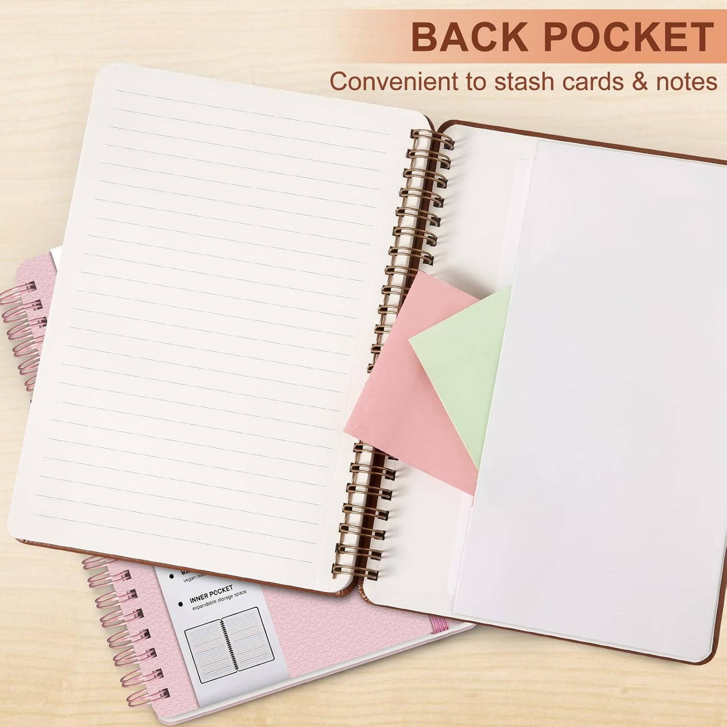 Lined Spiral Journal Notebook, A5 Hardcover Leather Notebook for Work, 5.7''×8.2'', 100GSM Thick Paper Spiral Bound Journaling Notebooks for Women & Men Office School Note Taking Business, Brown