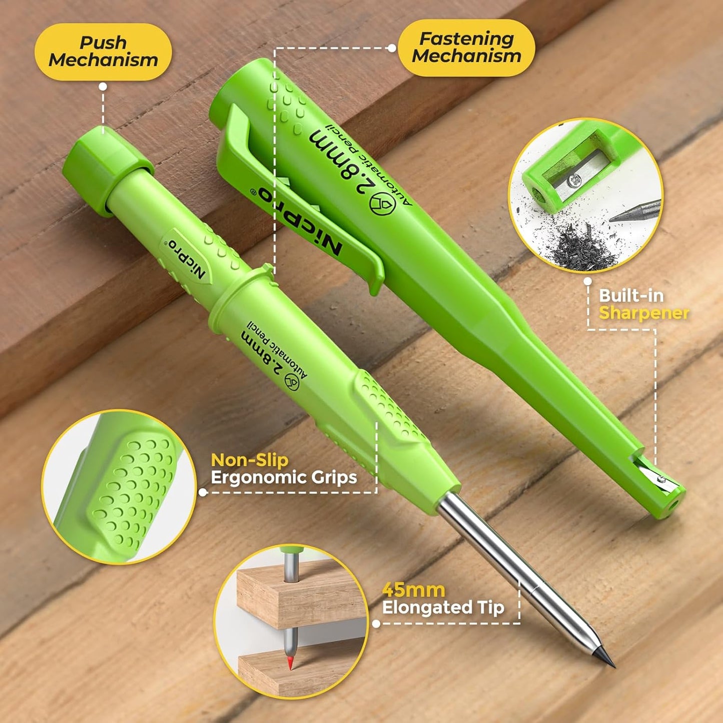 Nicpro CP3000 Carpenter Pencil with Sharpener, 2.8 mm Mechanical Pencils with 19 Refills, Deep Hole Marker for Construction, Heavy Duty Woodworking Pencil, Carpenter Tools for Architect Marking(Green)