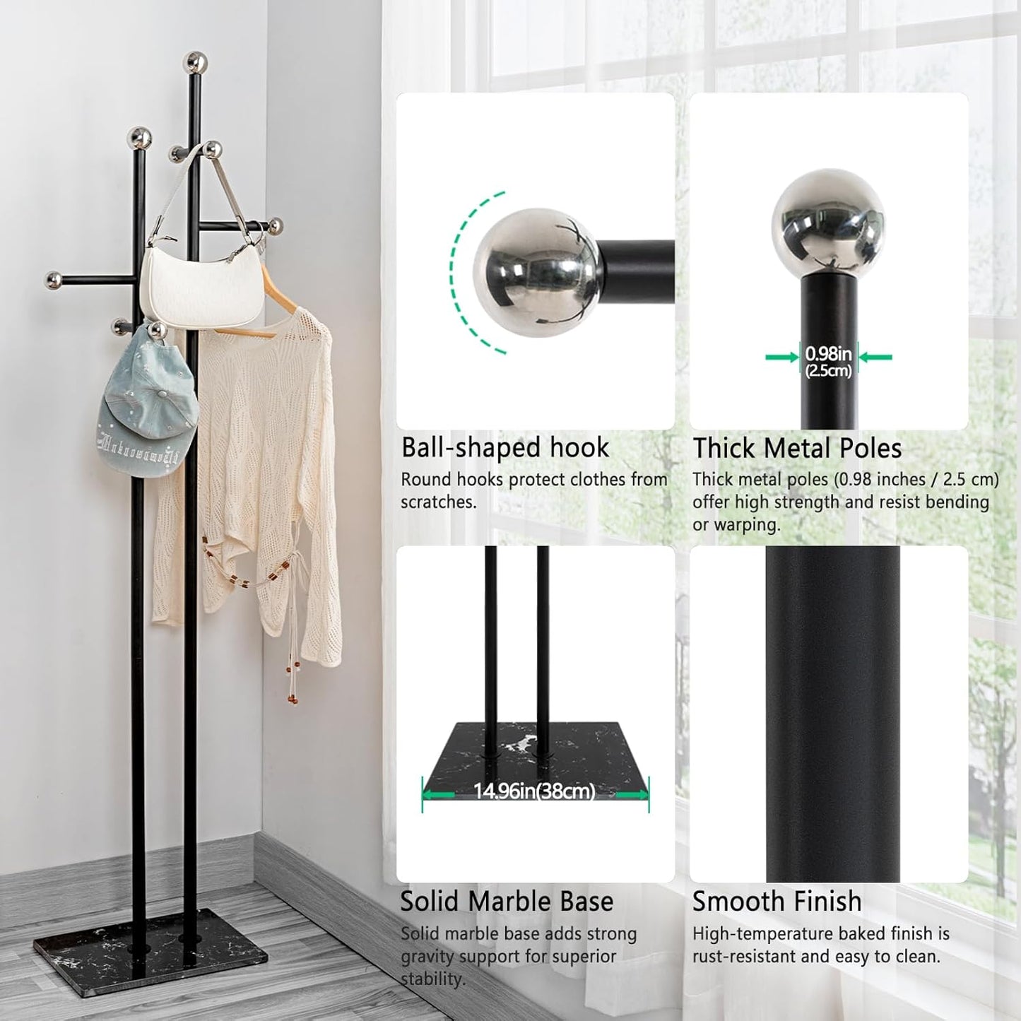 Coat Rack Freestanding with Square Marble Base Heavy Duty Metal Clothes Rack Hanging Stand for Entryway Bedroom Living Room Hotel 14.96 x 10.24 x 68.9 Inches (Black)