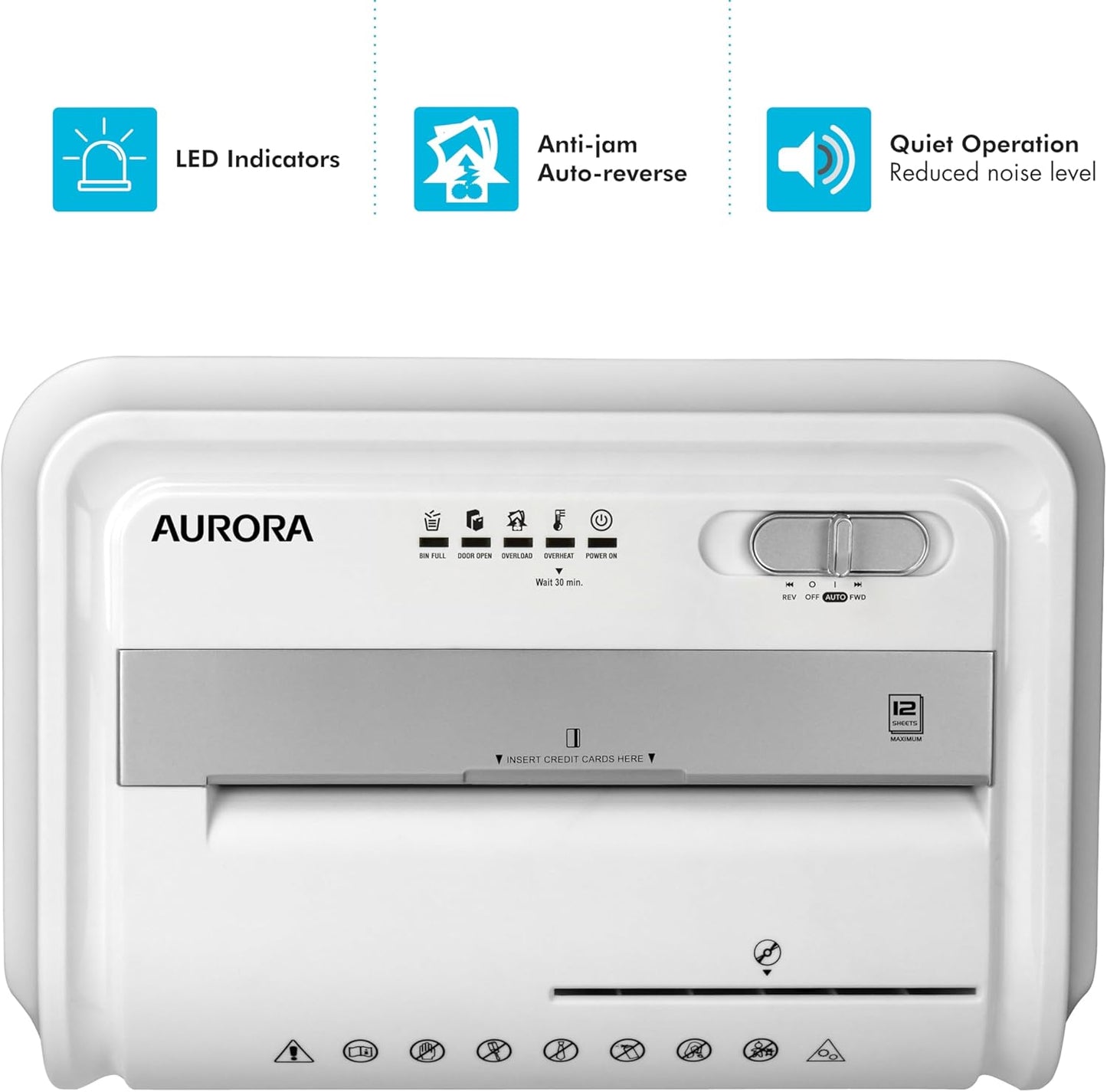 Aurora Anti-Jam 12-Sheet Cross-Cut Paper/CD and Credit Card Shredder with 4 Gallon Pullout Basket/Security Level P-4