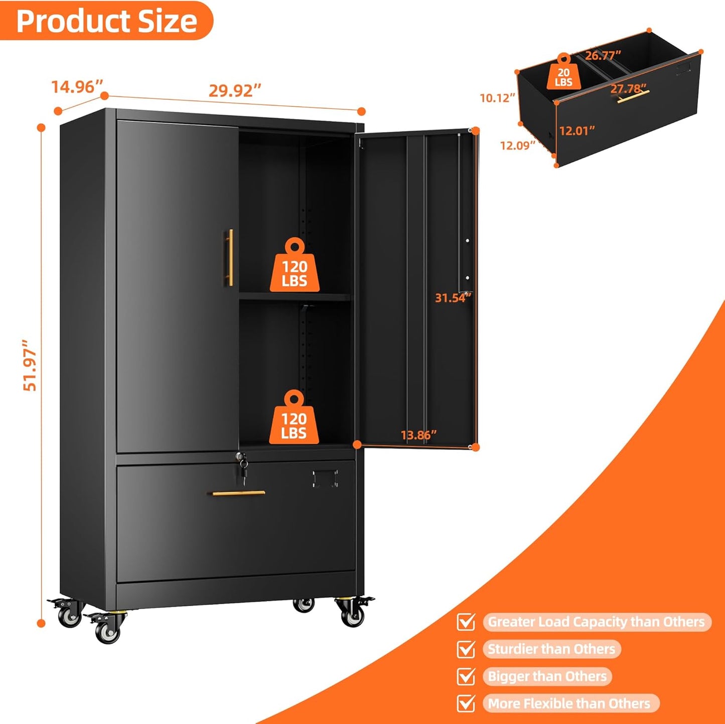 Aobabo Metal 1 Drawer Office File Cabinet with Lock and 2 Doors, Office Steel Files Cabinet with Wheels, Legal/Letter A4 Size, Assembly Required, Black