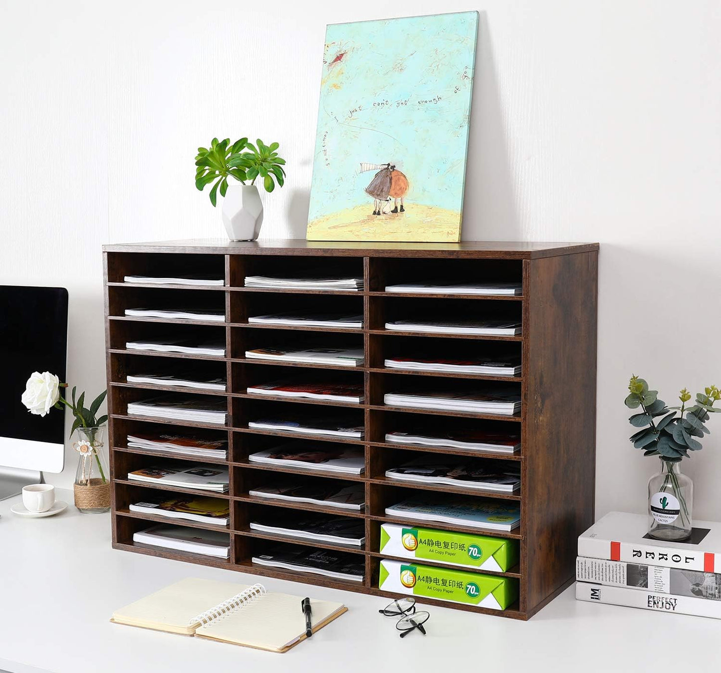 EasyPAG Mail Organizer Countertop, Wood Literature Organizer with Adjustable Shelves, Student Classroom Mailbox for School, Desktop Paper Sorter for Office Home, 27 Compartments, Archaize