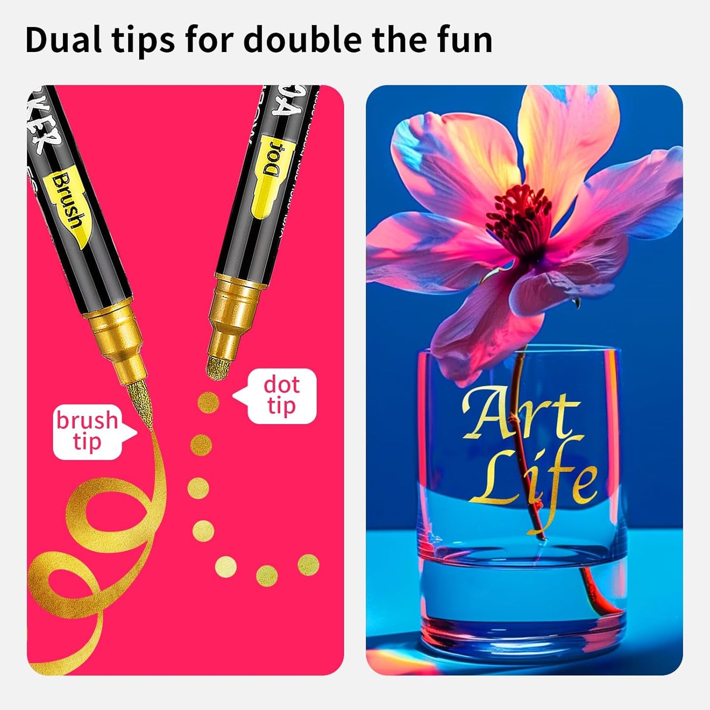 NAWOD 3 Gold Acrylic Paint Pens Markers, Dual Tip (Dot Tip + Brush Tip), for Rock Painting Fabric Canvas Glass Wood Ceramic Paper Eggs, Fabric Marker Ideal for Labeling DIY Crafts Art Projects