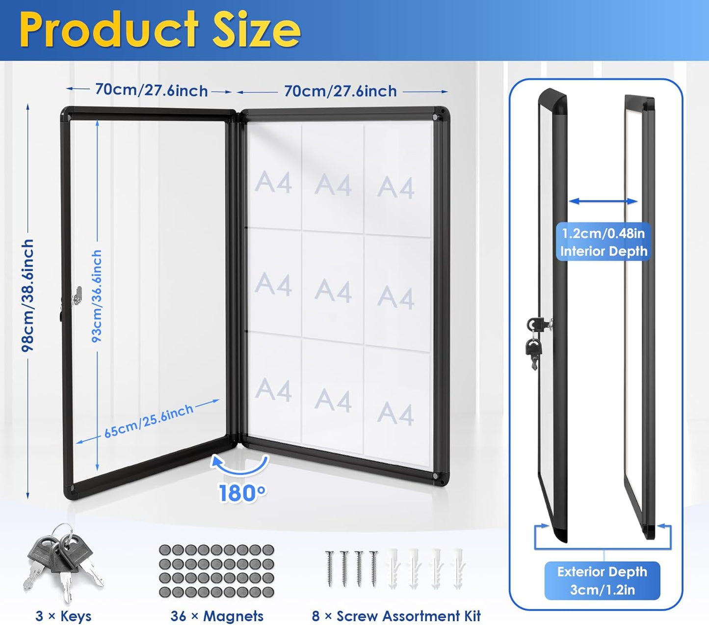 SWANCROWN Enclosed Bulletin Boards Magnetic Glass Covered Notice Information Cabinet with Aluminum Frame 38x28inch (9xA4)