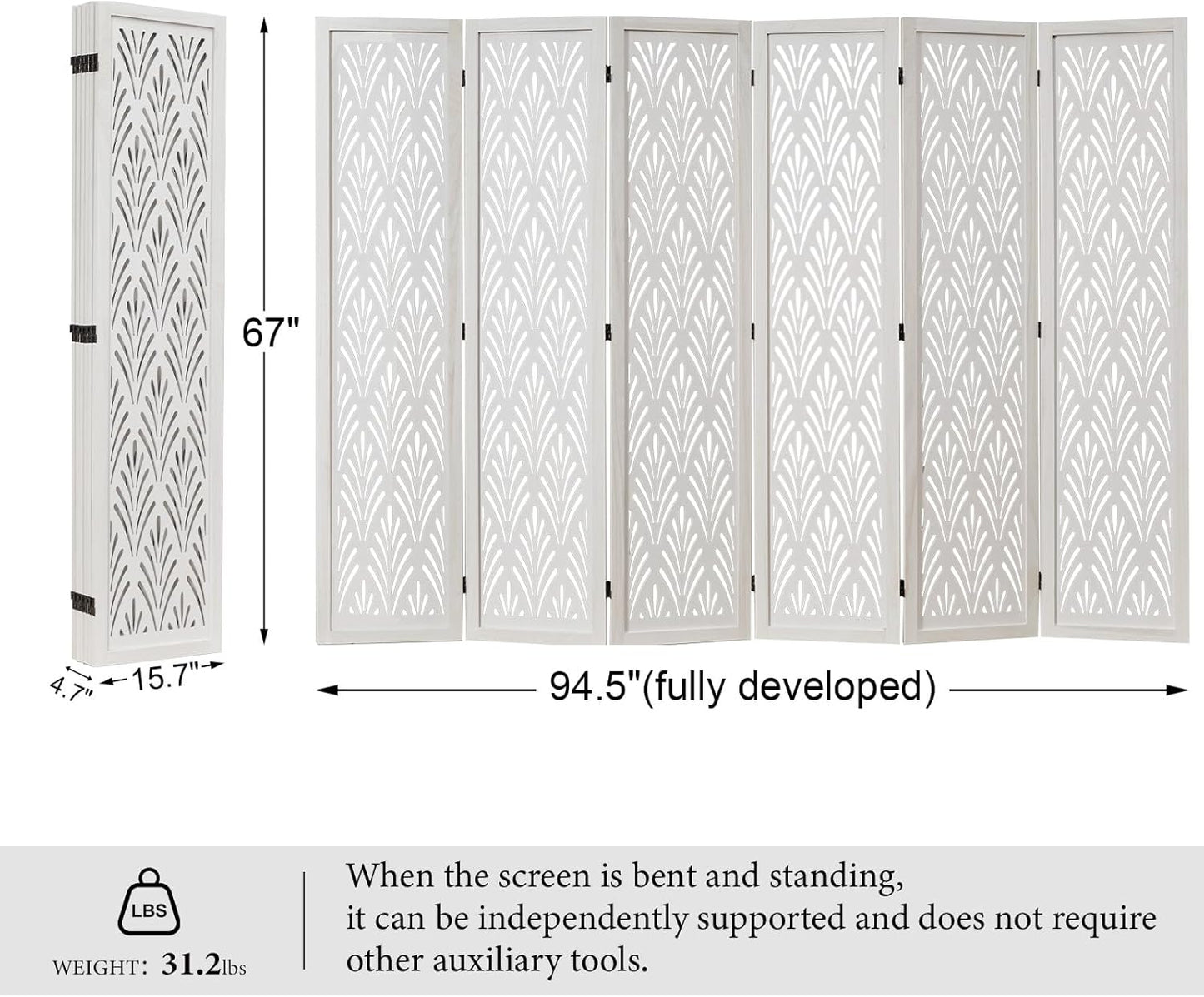 5.6Ft Room Divider Folding Wood Simple Carved Partition Screen for Home Office Garden - 6 Panels (White)