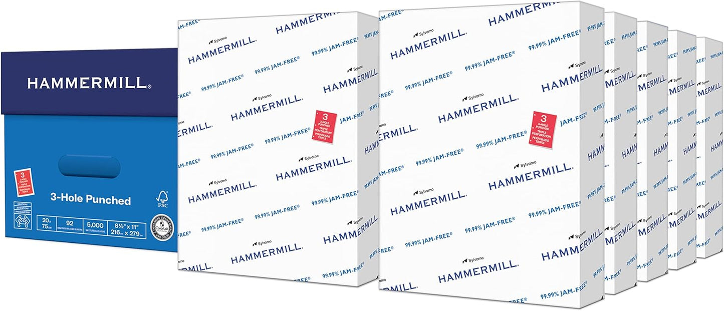 Hammermill Printer Paper, 20 lb Copy Paper, 3 Hole - 10 Ream (5,000 Sheets) - 92 Bright, Made in the USA, 105031C