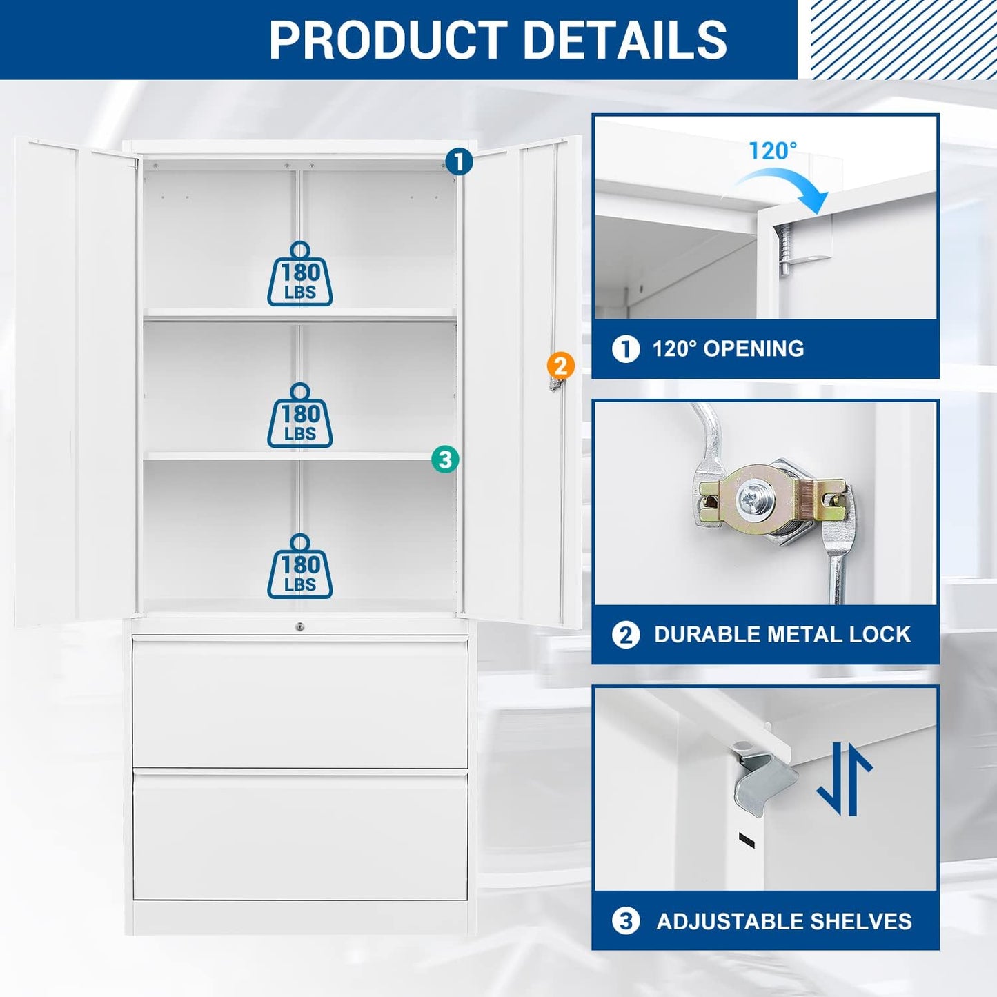 Metal Steel Storage Cabinets with Lockable Drawers and Doors Lateral File Cabinets Steel Metal Filing Lockers for Home Office Hanging Files Letter/Legal/F4/A4 Size