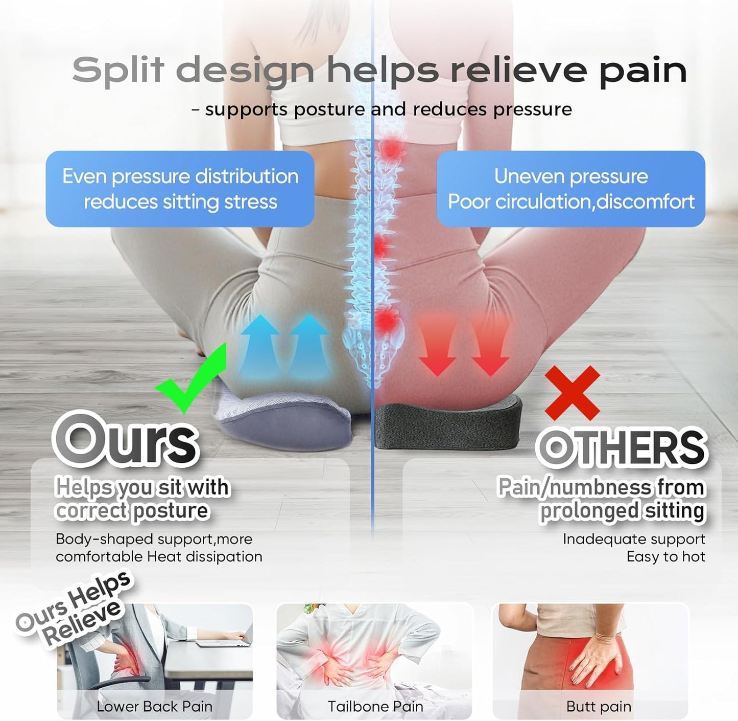 Seat Cushion for Tailbone Pain Relief X-Large,Ergonomic Office Chair Cushions for Butt Hip Lower Back & Sciatica Pain Relief Pillow,Pressure Relief Seat Cushion for Long Sitting, Car & Plane (Grey)