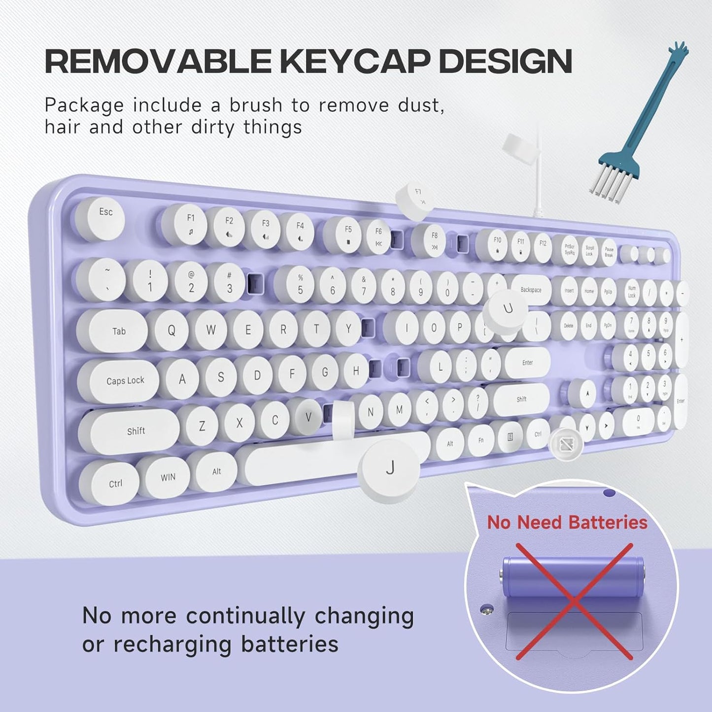 Wired Keyboard, Full-Sized Typewriter Keyboards, USB Plug and Play Office Keyboard with Number Pad, Caps Indicators, Foldable Stands for Windows, PC, Laptop, Desktop (Purple-White)